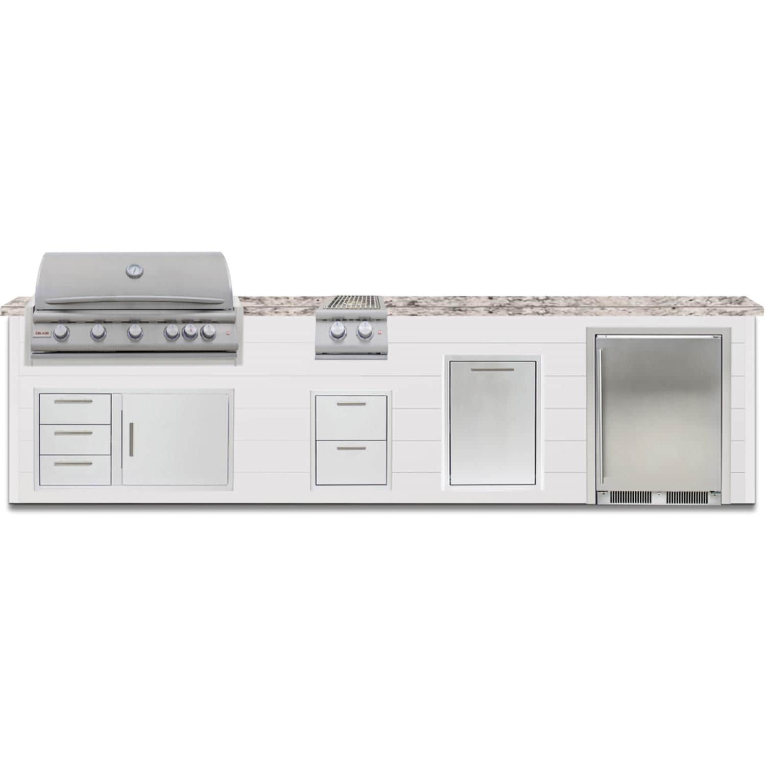 BBQGuys Signature 12 Ft Outdoor Kitchen Island w/ 40-in Propane Blaze LTE+ Grill, Double Side Burner, Refrigerator & Double Trash Bin | Crystal White w/ White Granite