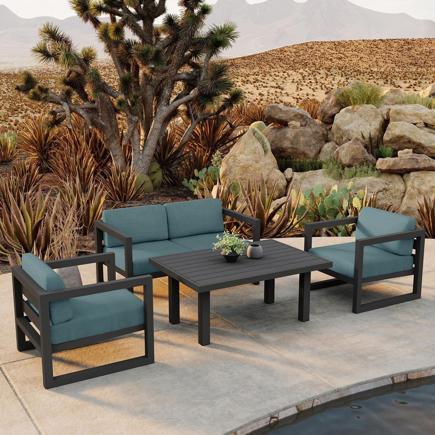 Misty Cove 4 Pc Aluminum Seating Set w/ Classic Chat Table Slate/Cast Lagoon by Lakeview Outdoor Designs