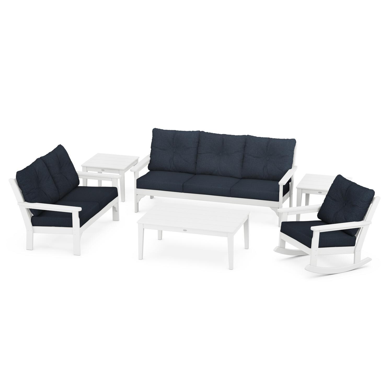 Vineyard 6 Pc Recycled Plastic Seating Set w/ Rocking Chair in White/Marine Indigo by POLYWOOD
