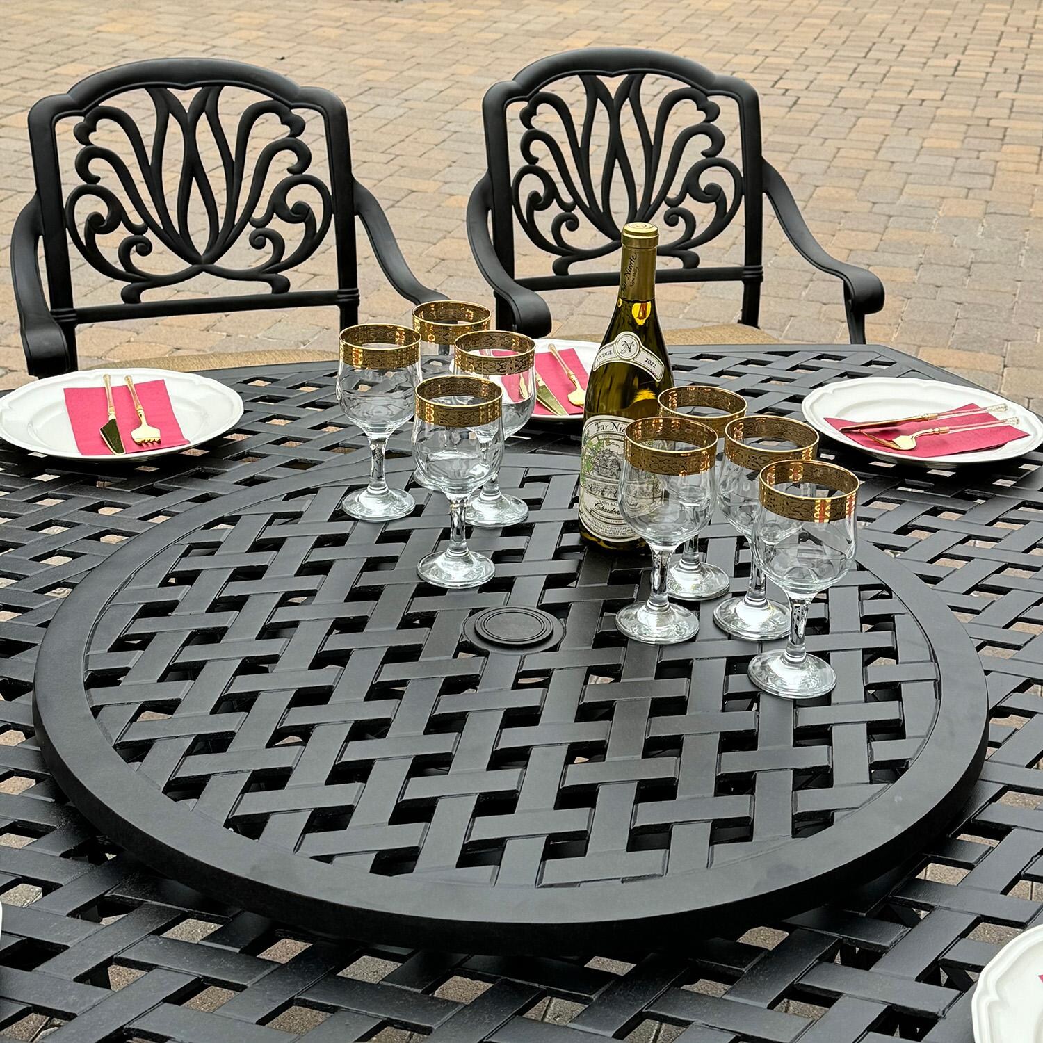 Elisabeth 10 Pc Cast Aluminum Dining Set w/ Swivel Rockers, Series 30 Table, & Lazy Susan in Antique Bronze by Darlee - Lazy Susan - Detail thumbnail