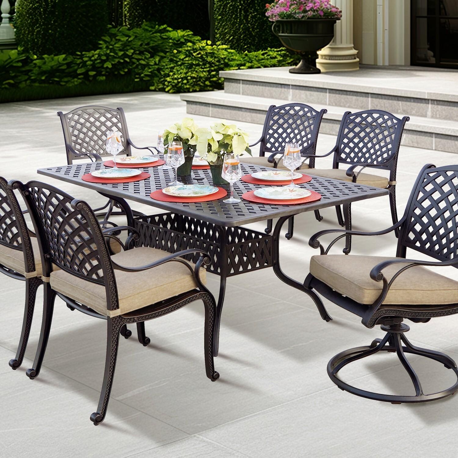 Darlee Nassau 7 Piece Cast Aluminum Patio Dining Set w/ 2 Swivel Rockers - Lifestyle thumbnail
