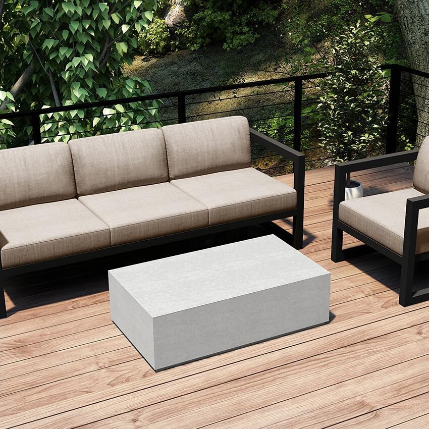 Misty Cove 3 Pc Aluminum Seating Set w/ Sofa & Long Coffee Table in Slate/Canvas Flax by Lakeview Outdoor Designs