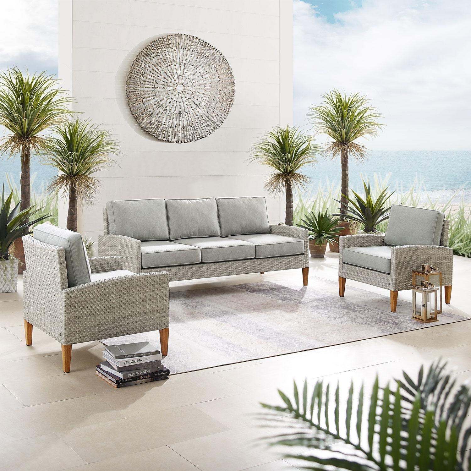 Ultimate Patio UP-92426GY-AC 3Pc Wicker Outdoor Sofa Patio Furniture Set in Acorn - On Patio - Lifestyle thumbnail