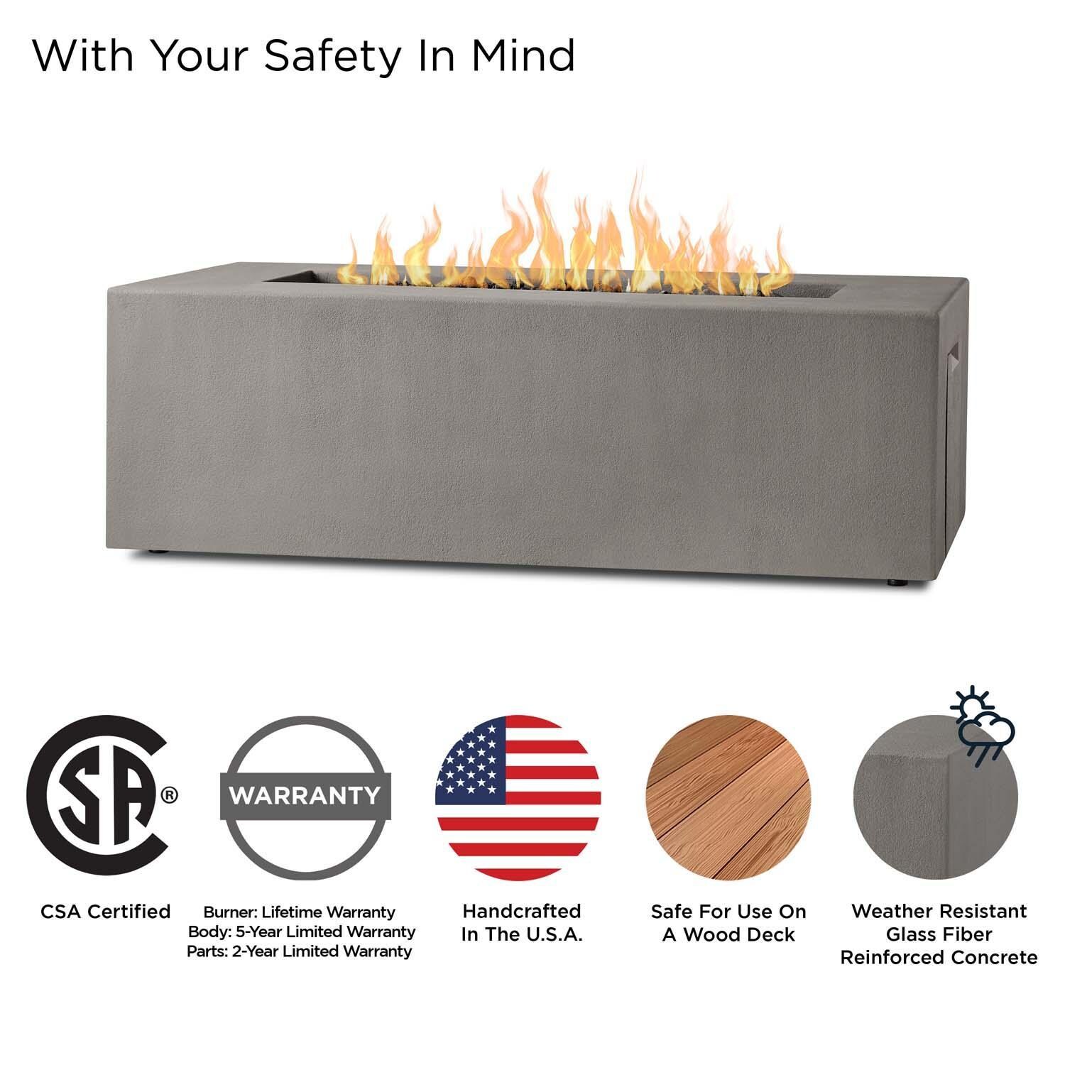 Olliewood 60 Inch Rectangular Glass Fiber Reinforced Concrete Propane Fire Pit Table in Flint by BBQGuys Signature - Safety thumbnail