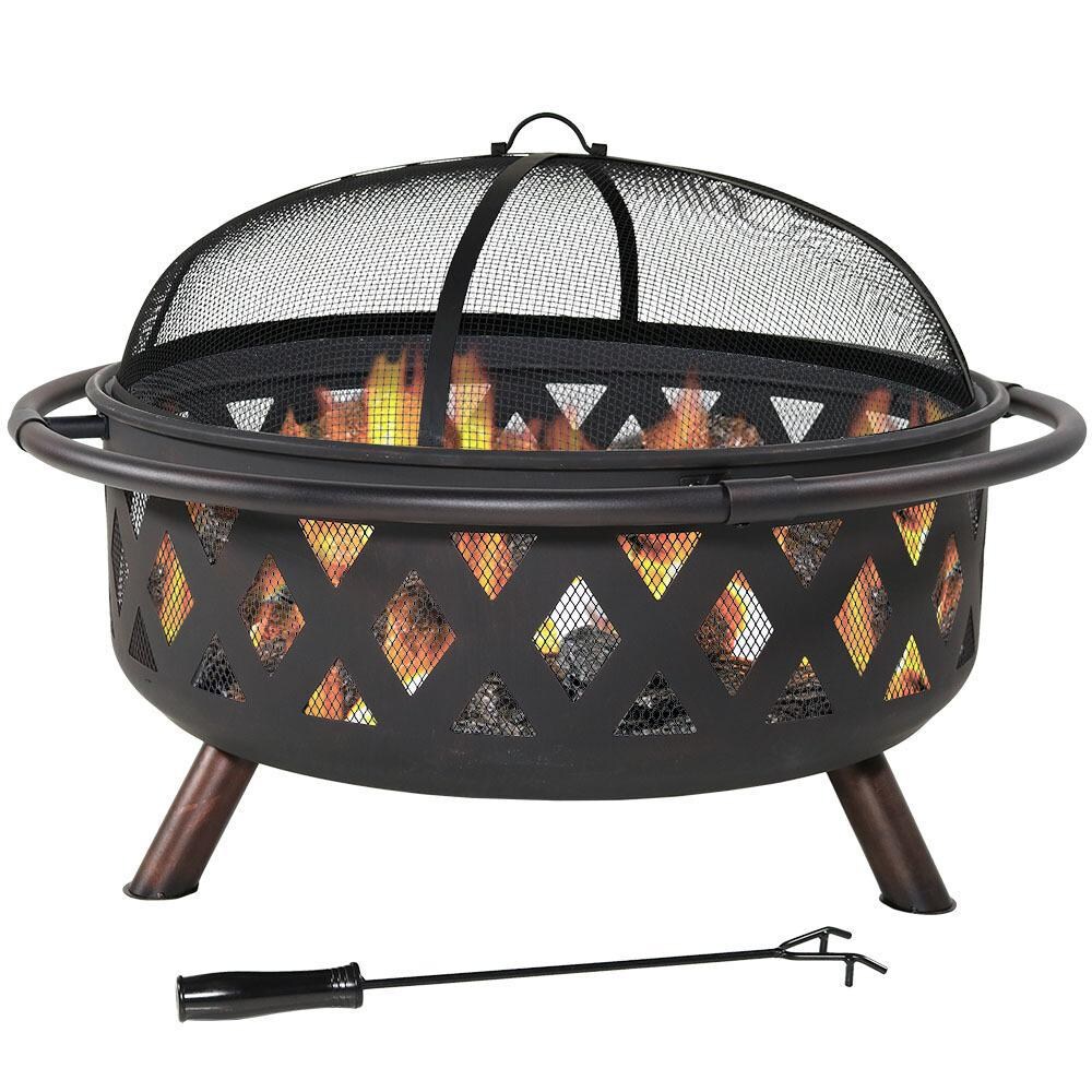 Ultimate Patio 36-Inch Steel Crossweave Wood Burning Fire Pit - In Use thumbnail