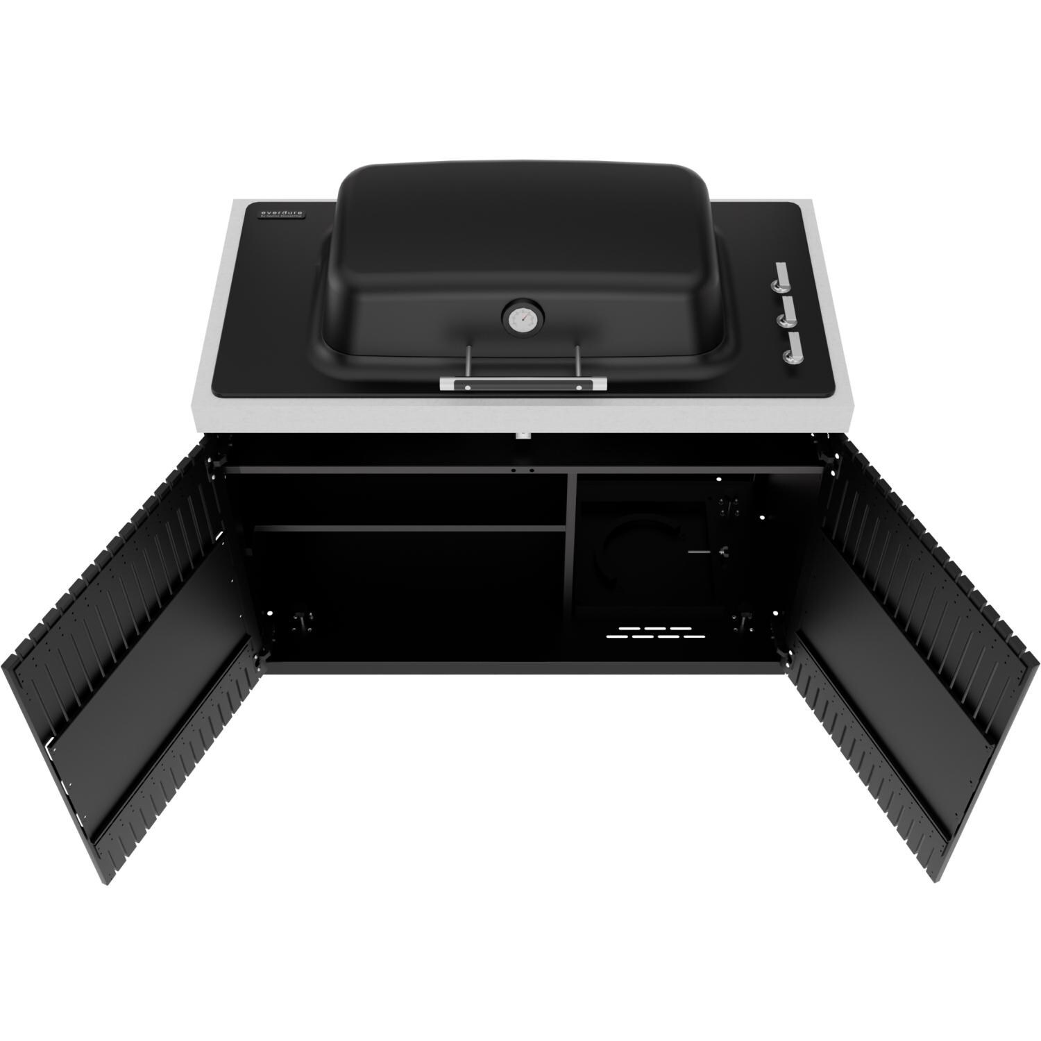 Everdure 6 1/2 Ft Outdoor Kitchen Island w/ Marine Grade Aluminum Cabinets  in Black - Grill Module Open - White Background thumbnail