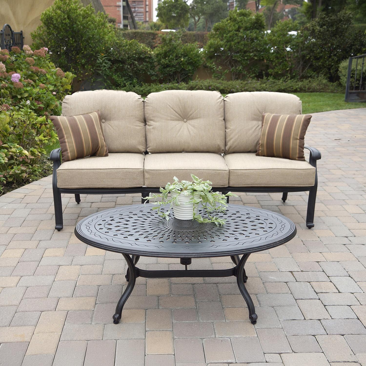 Elisabeth 2 Pc Cast Aluminum Seating Set w/ 46 X 31 Inch Oval Table & Throw Pillows in Antique Bronze/Beige Canvas by Darlee