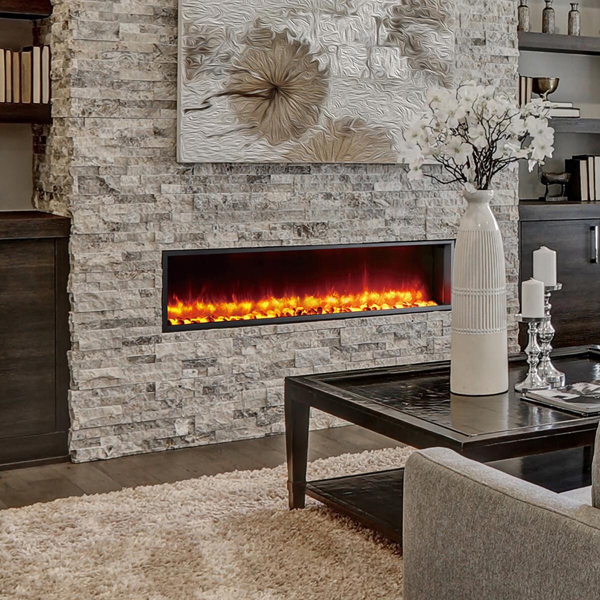 Dynasty 63-Inch Built-In Electric Fireplace - Stone Fireplace Lifestyle thumbnail