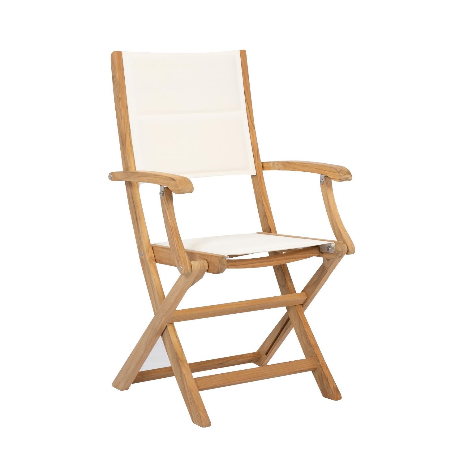 Sunset West Huntington Teak Foldable Patio Sling Dining Chair W/ Padded Phifertex Frost Sling image