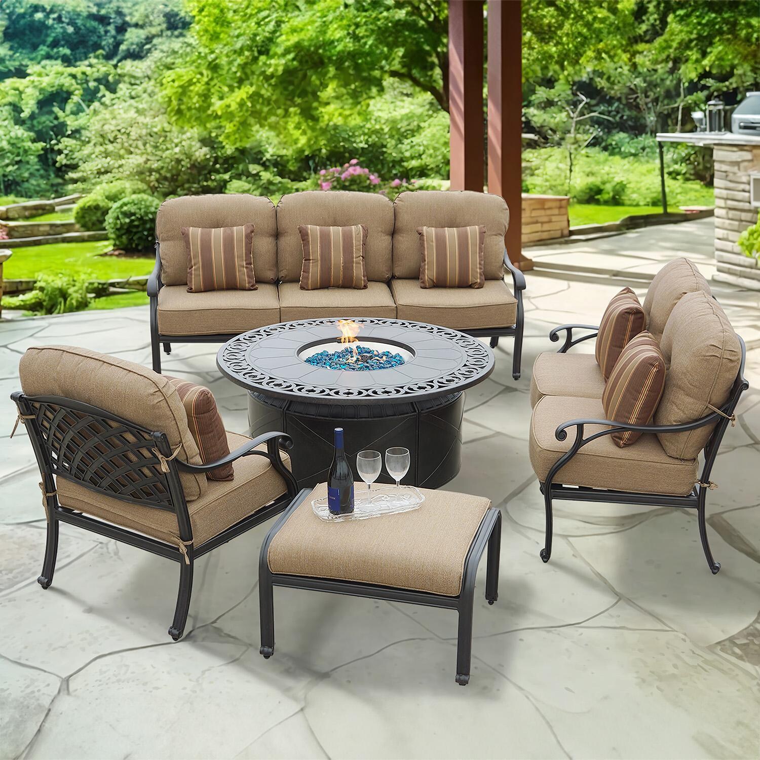 Darlee Nassau 5-Piece Patio Propane Fire Pit Deep Seating Set with Cushions and 47 Inch Round Fire Pit Chat Table and Fireglass - Set - Lifestyle thumbnail