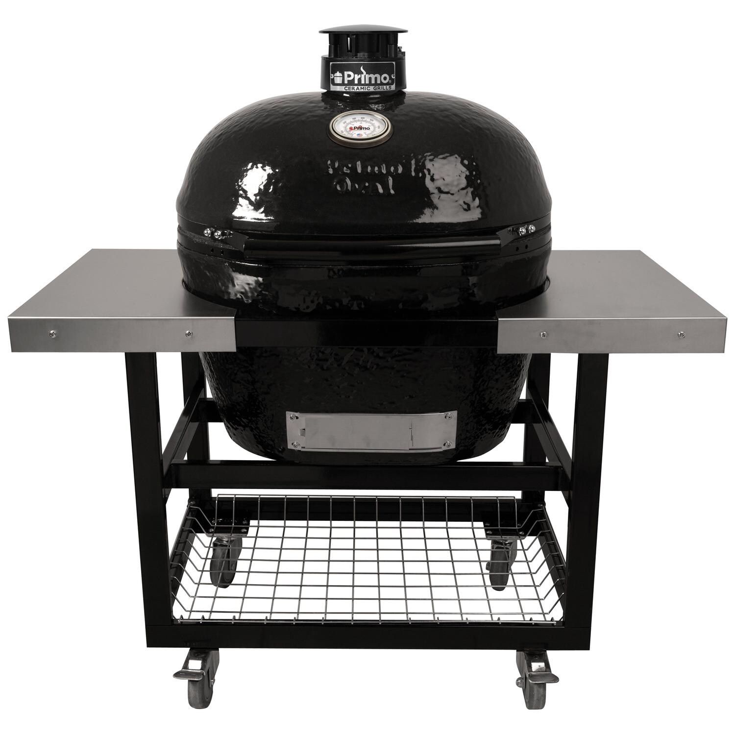Primo Oval XL 400 Ceramic Kamado Grill On Steel Cart With Stainless Side Tables And Stainless