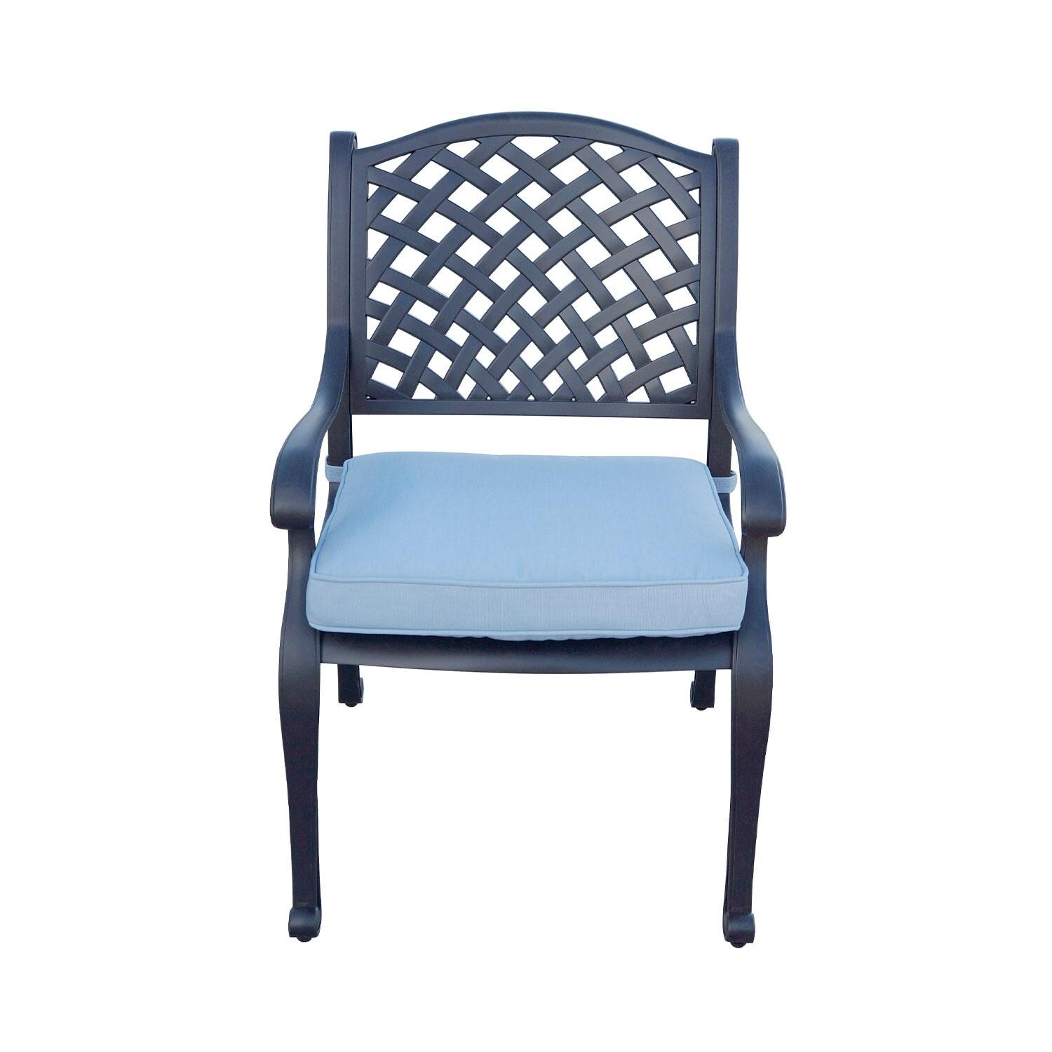 Nassau Cast Aluminum Dining Chair in Antique Bronze/Sky Blue by Darlee - Front View - White Background thumbnail