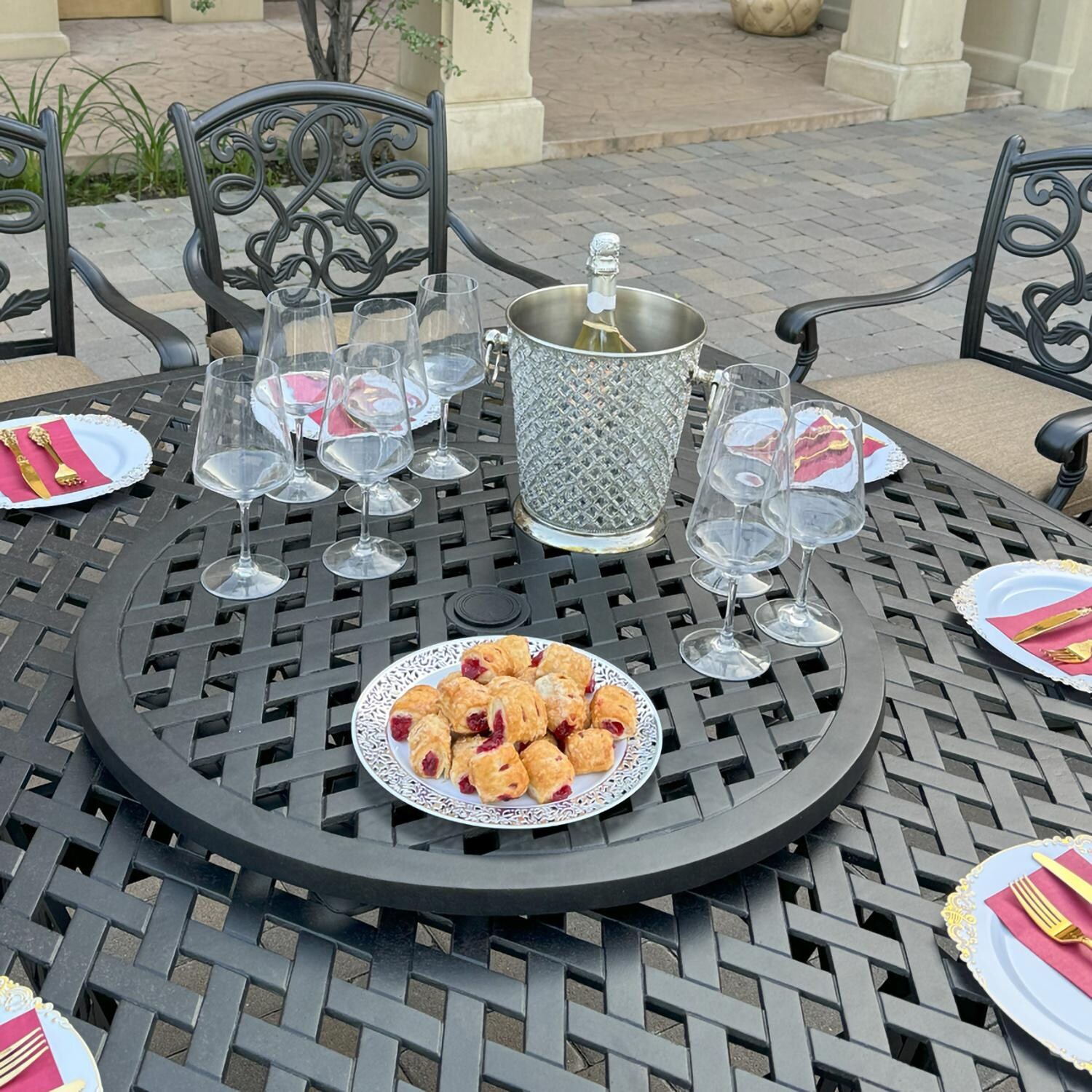 Darlee B/DL2052-10PCDR-30W3935 Santa Monica 10 Pc Cast Aluminum Dining Set in Antique Bronze - Lazy Susan in Use - Lifestyle thumbnail