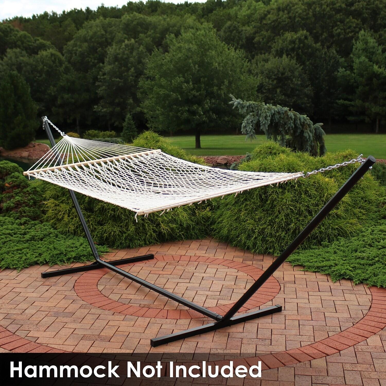 Ultimate Patio Heavy-Duty Steel Beam Hammock Stand - Black - With Rope Hammock Installed - Lifestyle