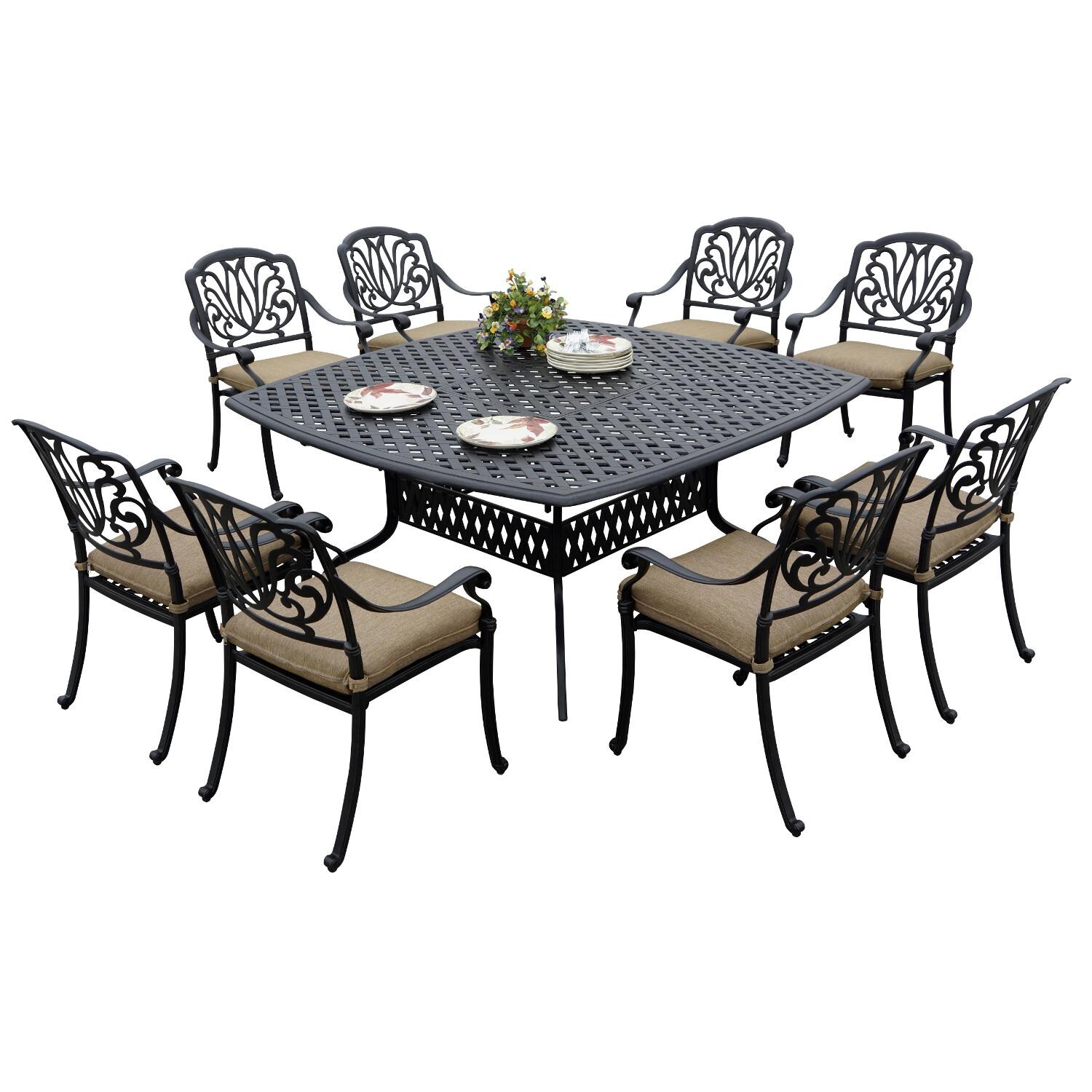 Elisabeth 9 Piece Cast Aluminum Patio Dining Set W/ 64 Inch Square Table & Sesame Cushions By Darlee thumbnail