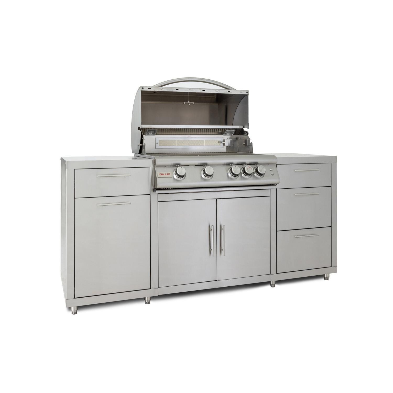 Blaze BLZ-SS-ISLAND-4LTE2-LP 6-Foot Stainless Steel Island w/ Premium LTE 32-Inch Propane Grill - Angled Hood Open - White Background thumbnail