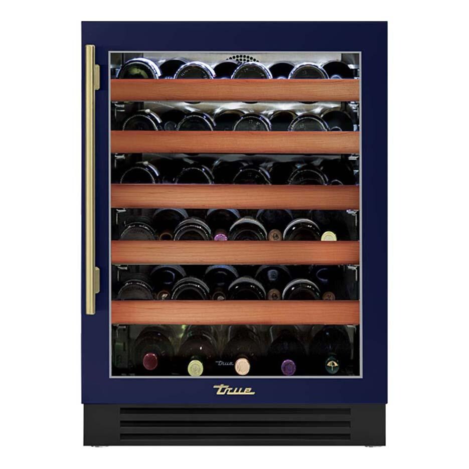 True TWC-24-R-OG-C~DSK-078-H01 24 Inch 45 Bottle Right Hinge Glass Door Outdoor Wine Cabinet - Cobalt w/ Brass Handle - White Background thumbnail