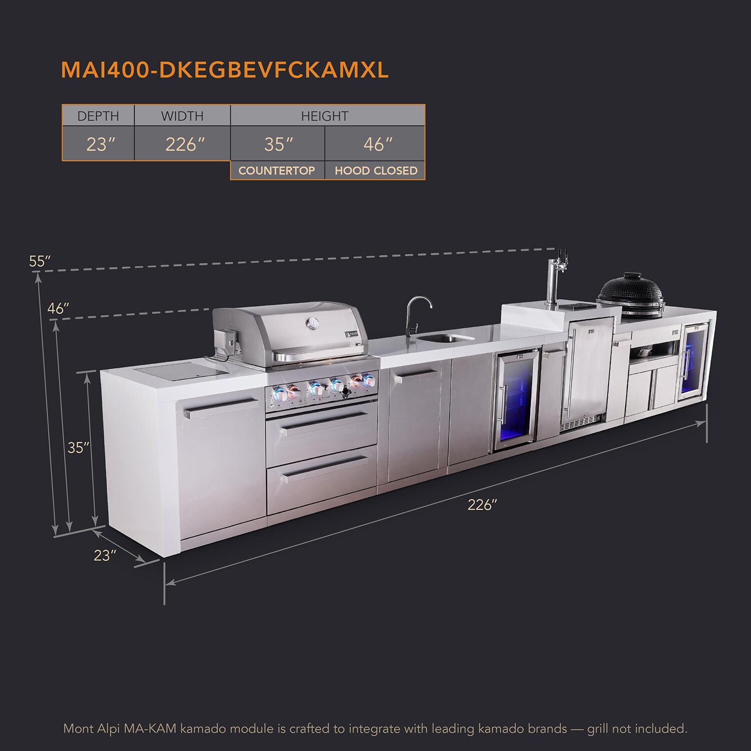Mont Alpi Deluxe Series 19 Ft Natural Gas Outdoor Kitchen Island w/ 32-in Grill, Side Burner, Beverage Center, Kegerator, Fridge, Kamado Module & Extra Door (Ships Propane w/ Conversion Kit) - Dimensions - Dimensional thumbnail