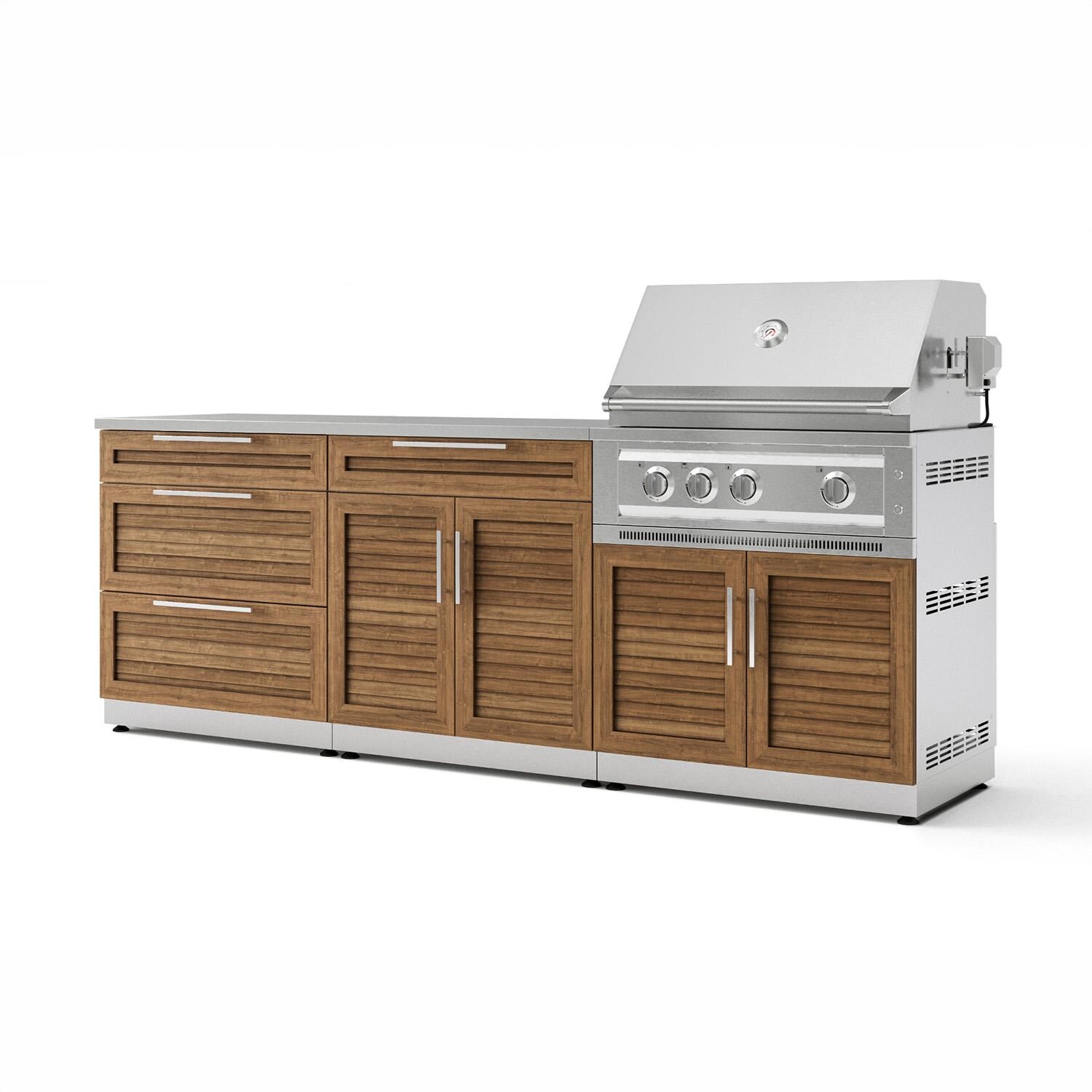 NewAge Products 71054 Classic Series 8 Ft Outdoor Kitchen Island w/ 33-in Propane Grill, Trash Bin, Door & Drawer in Grove/Stainless Steel - Angled - White Background thumbnail