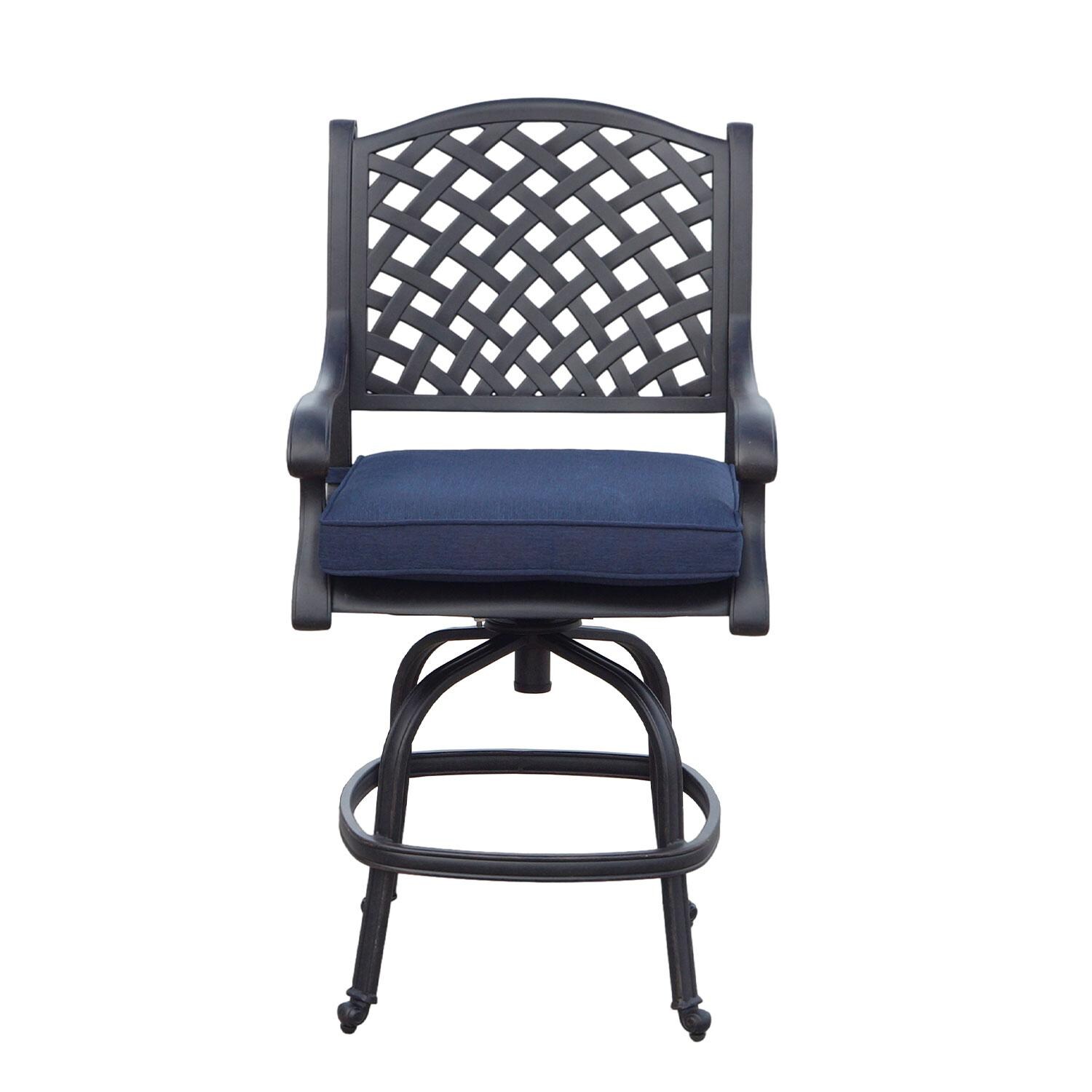 Nassau Cast Aluminum Swivel Counter Height Bar Stool in Antique Bronze/Navy by Darlee - Front View - White Background thumbnail