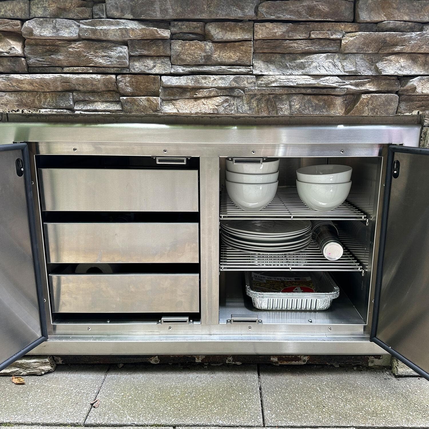 XO Appliance XOG36PANTRY Pro-Grade 36-Inch Outdoor Stainless Steel Sealed Pantry Double Access Door - Interior - Shelves Stacked - Detail thumbnail
