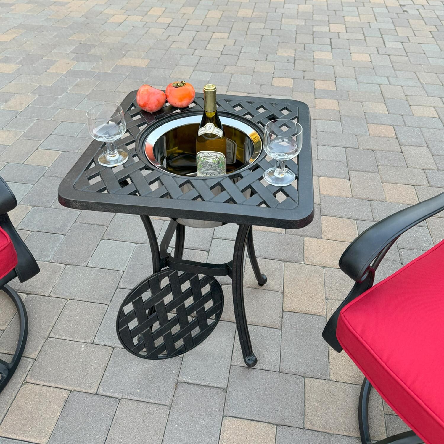 Darlee B/DL13-3PCR-30SQ-R Nassau 3 Pc Cast Aluminum Conversation Set w/ Rocker and Ice Bucket in Antique Bronze w/ Red Cushions - Table - Lifestyle thumbnail