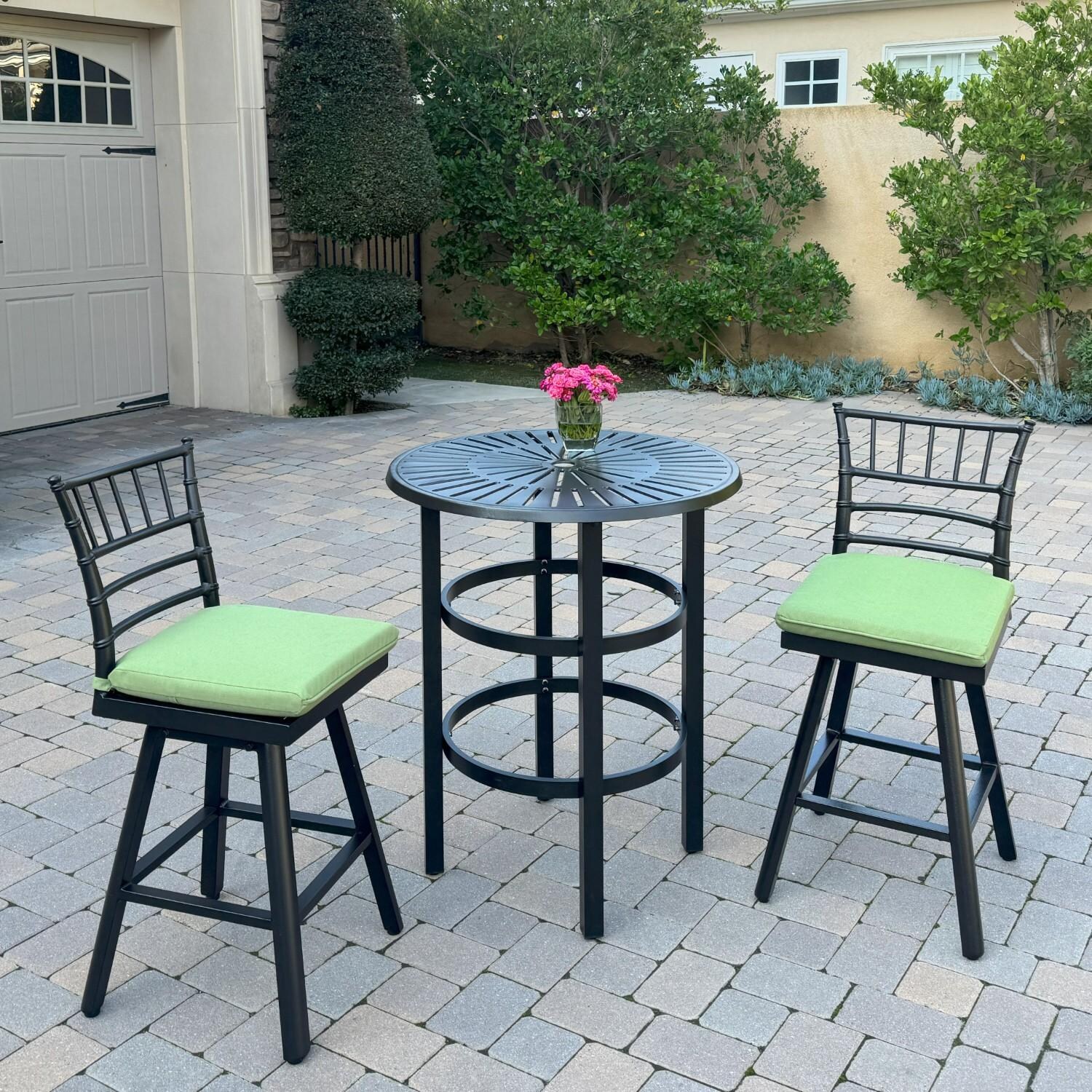 Bella 2 Pc Aluminum Swivel Counter Height Bar Stool Set in Green/Dark Brown by Darlee - Shown w/ Table (Not Included) - Lifestyle thumbnail