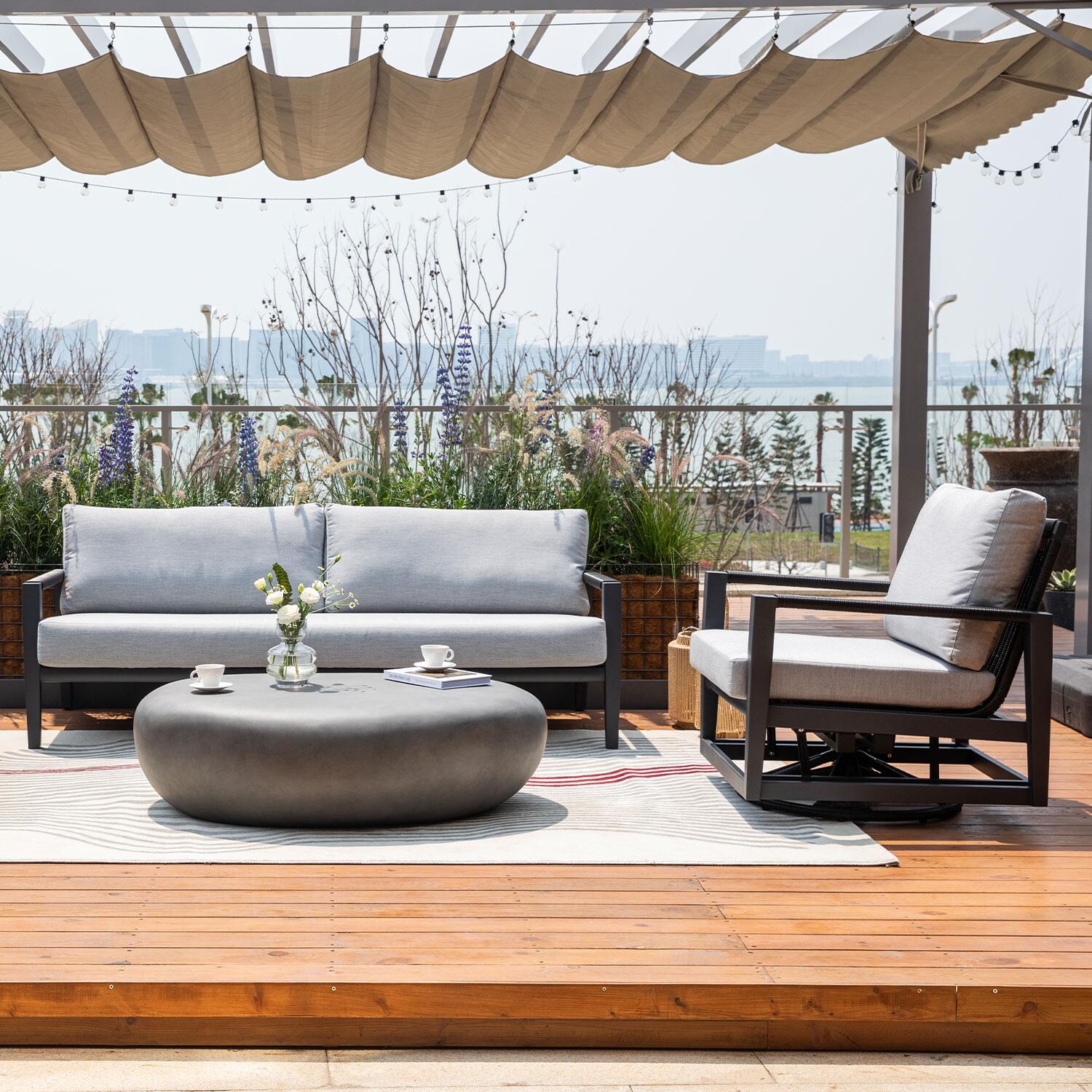 Elementi OS-2506W Laguna Outdoor Aluminum Swivel Club Chair w/ Sunbrella Cushions - Patio - Shown w/ Sofa (Sold Separately) - Lifestyle thumbnail