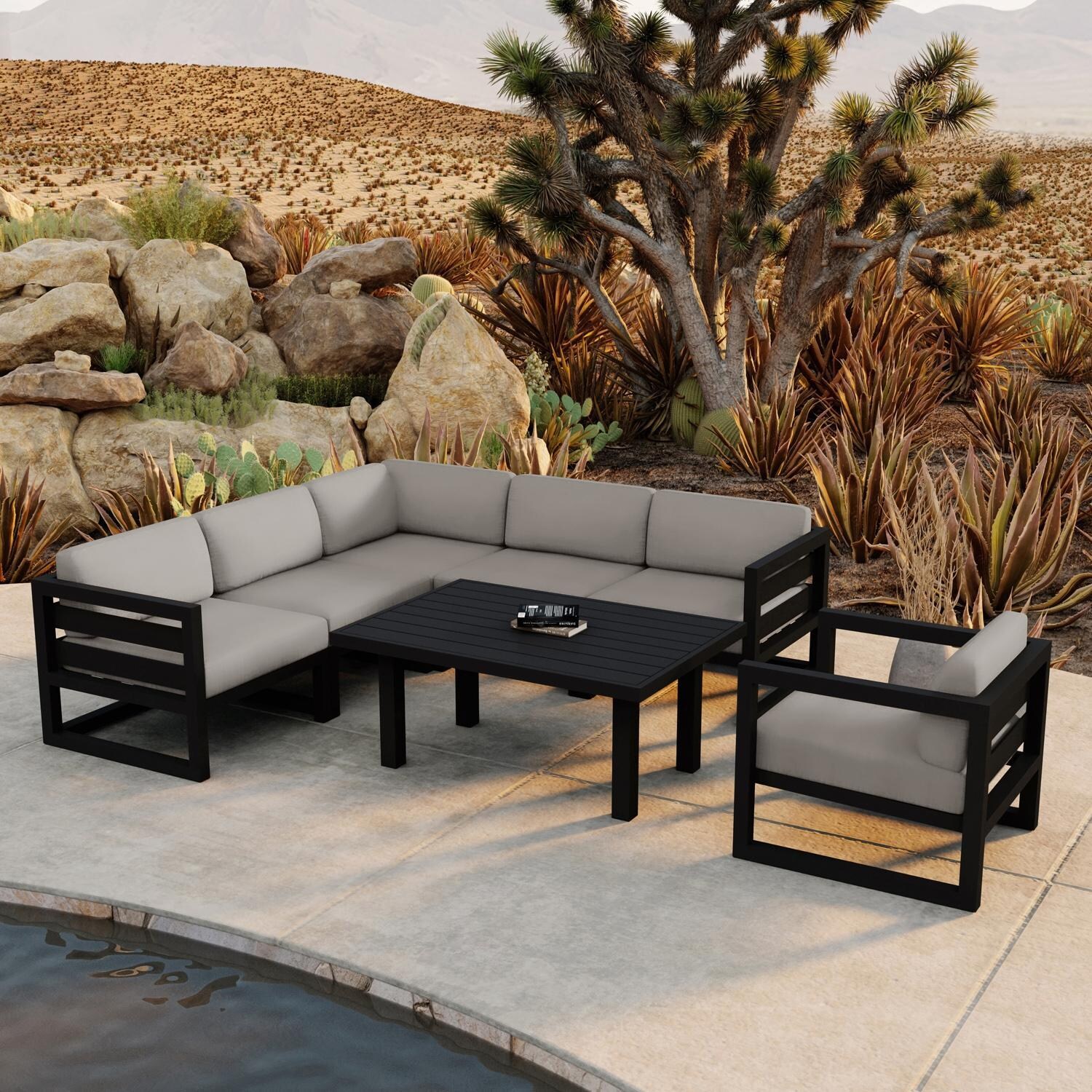 Lakeview MSTYCV-BK-SET212-CC Misty Cove 7 Pc Aluminum Sectional Set in Black w/Chat Table & Canvas Charcoal Cushions by Lakeview Outdoor Designs - By the Pool - Lifestyle thumbnail