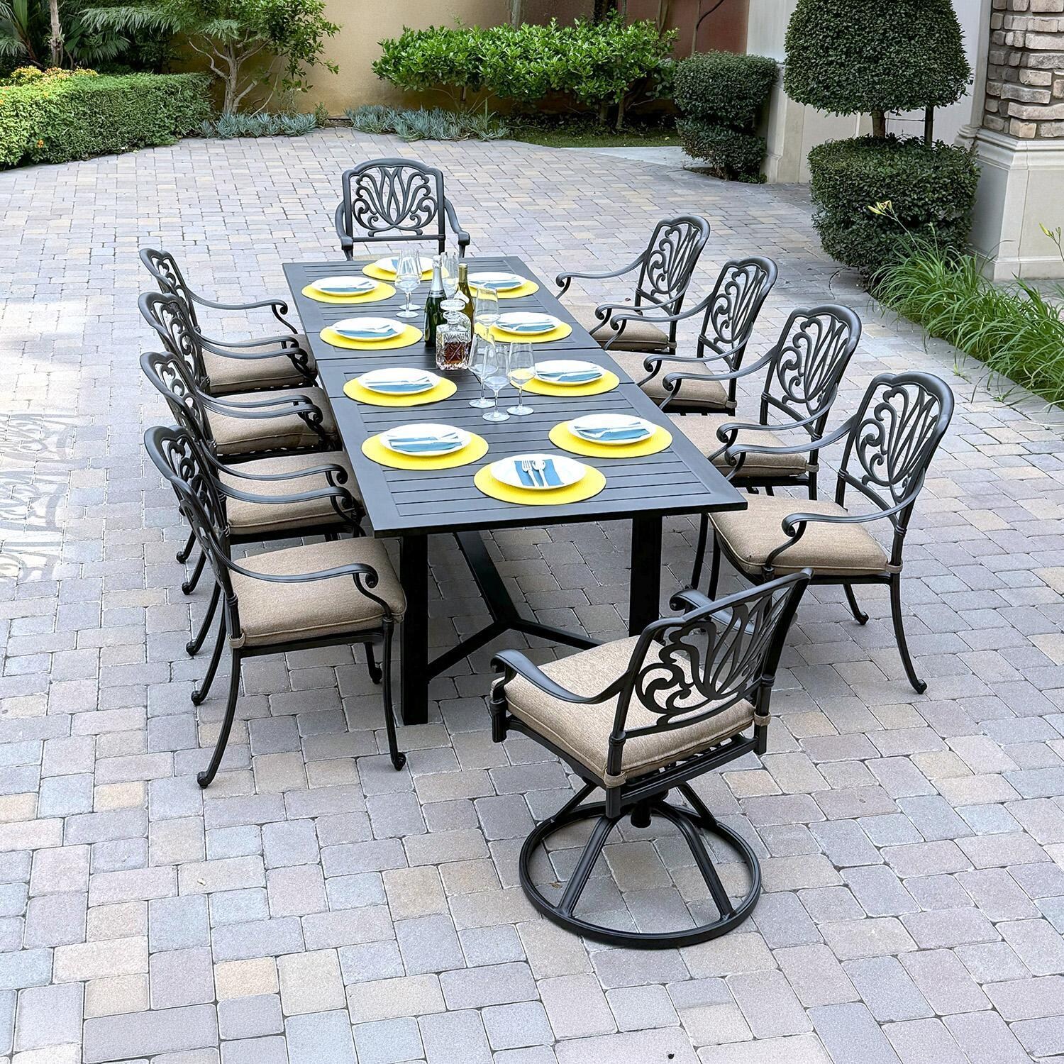 Darlee Elisabeth 11-Pc Dining Set w/ 91 X 40-Inch Atlantis Table & Swivel Rockers in Antique Bronze/Beige - Full Set - Lifestyle thumbnail