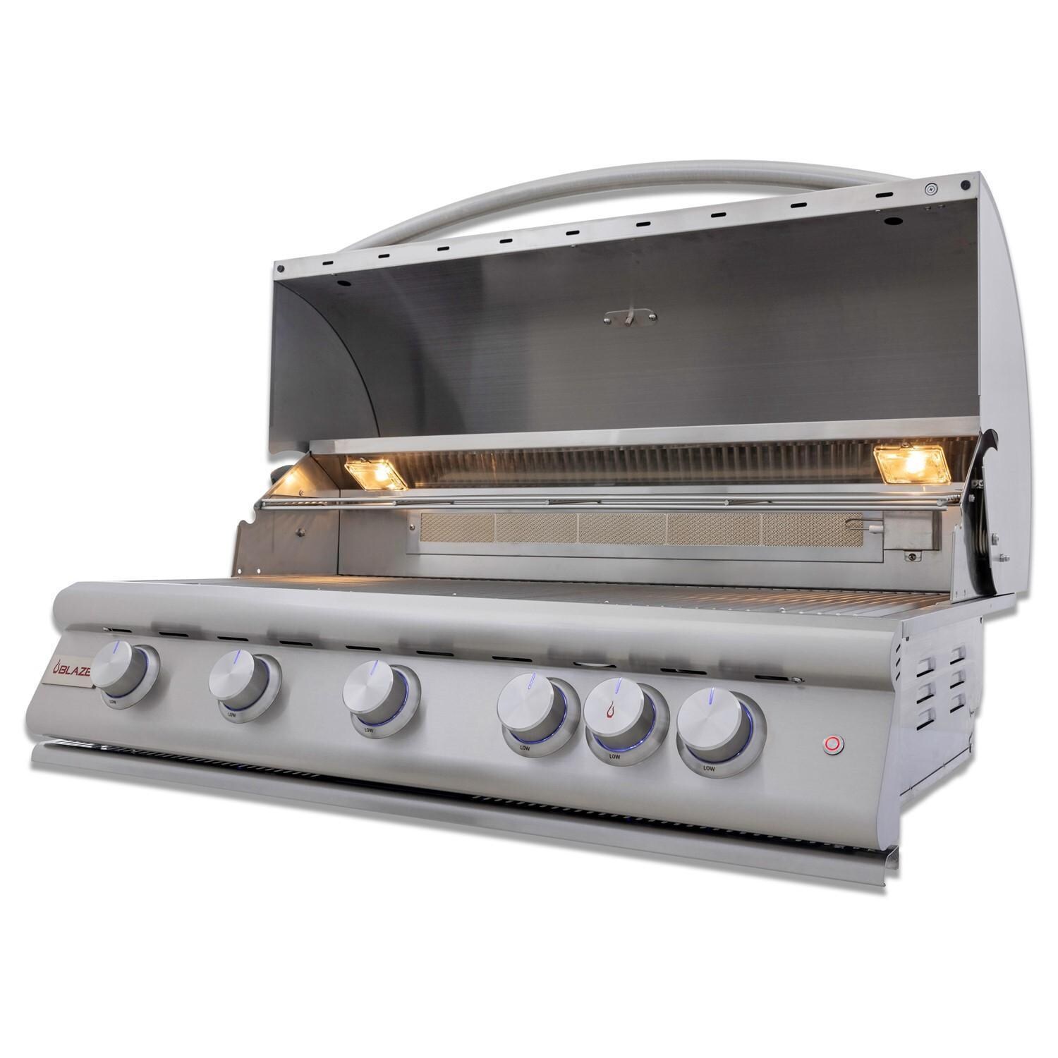 Blaze BLZ-5LTE3-LP LTE+ 40-in 5-Burner Built-In Propane Grill w/ Rear Infrared Burner & Lift-Assist Hood - Angled View - Open - White Background