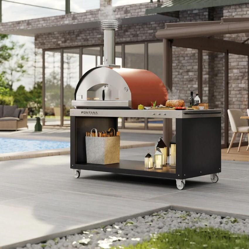 Fontana Forni FTFIR-H-R + FTCART-L Firenze Hybrid Pizza Oven on Cart - Red - On Portable Desk (Optional) - Lifestyle thumbnail