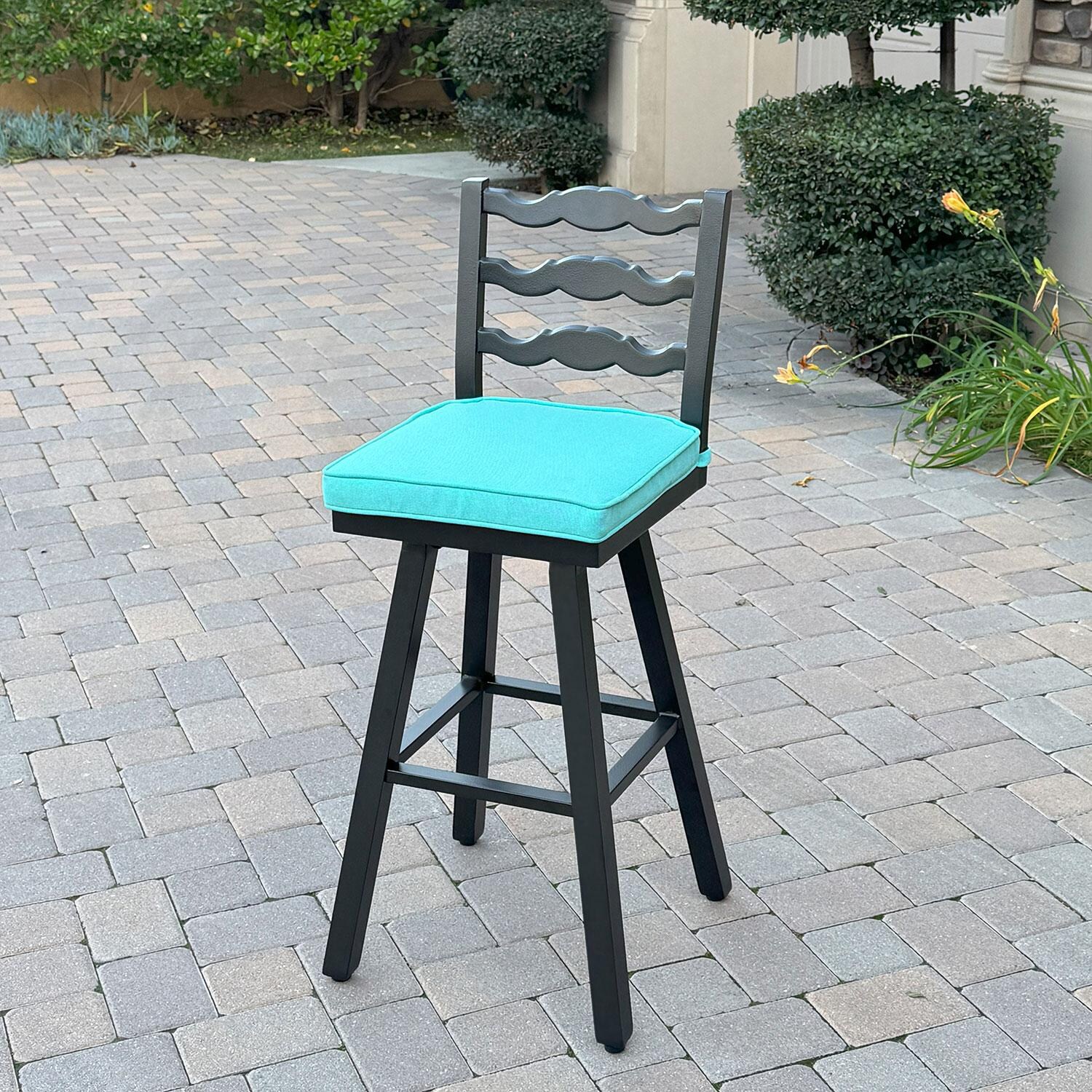 Aspen Aluminum 3 Pc Patio Bar Set w/ 30-in Round Bar Table in Blue by Darlee - Bar Stool - Left View - Lifestyle thumbnail