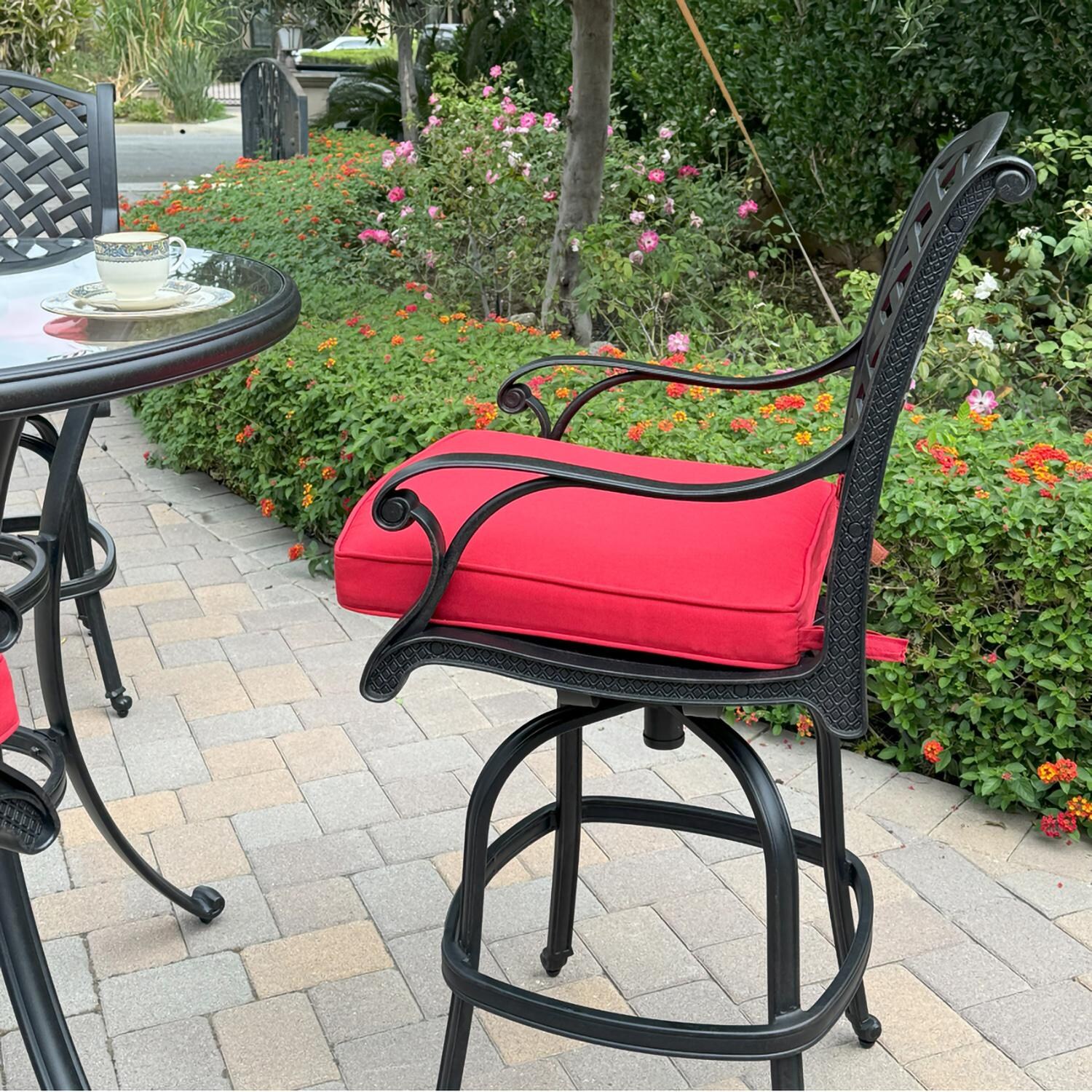 Darlee B/DL13-5PC-50F-R Nassau 5 Pc Cast Aluminum Bar Set in Antique Bronze w/ Red Cushions - Chair w/ Cushion - Lifestyle thumbnail