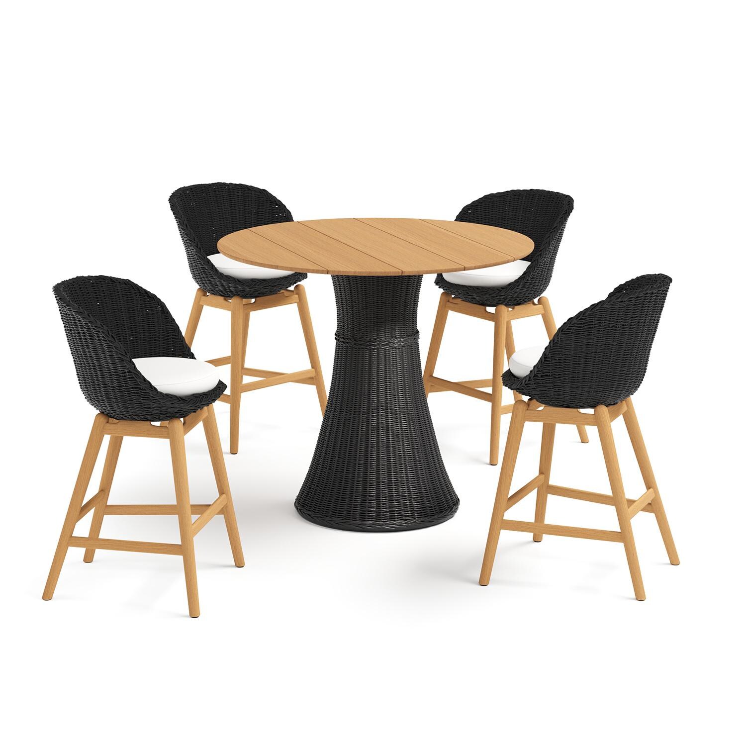 Oxford Garden Tulle 5 Pc Wicker & Natural Teak Bar Set in Shadow/Bliss Linen - Front View thumbnail