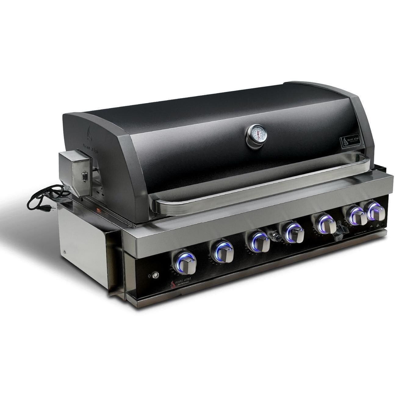 Mont Alpi MA805-AWBSS 6-Burner Black Stainless Steel Art-Wood Propane Island Grill - Grill Head Angled Right - White Background thumbnail