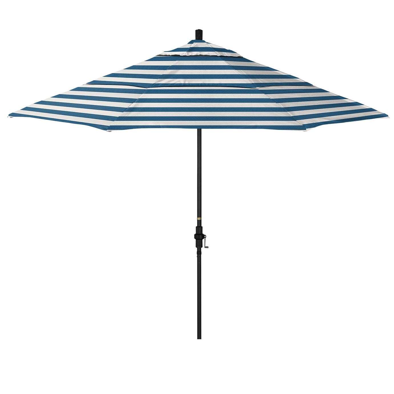 California Umbrella Sun Master Series 11 Ft Octagonal Aluminum Collar Tilt Patio Umbrella W/ Crank Lift, Fiberglass Ribs & Double Vent - Matted Black Frame / Sunbrella Cabana Regatta Canopy