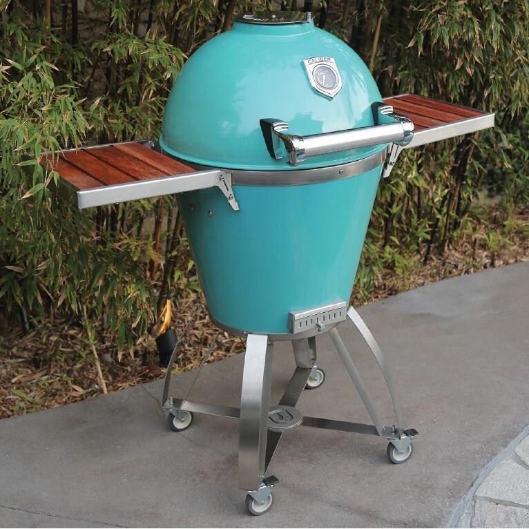 Caliber Pro Charcoal Grill On Stainless Steel Cart With Wood Inserts - Turquoise thumbnail