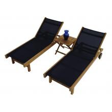 Sundaze 3 Piece Teak Patio Chaise Lounge Set W/ 20 Inch Square Folding Side Table By Royal Teak Collection - Black Sling