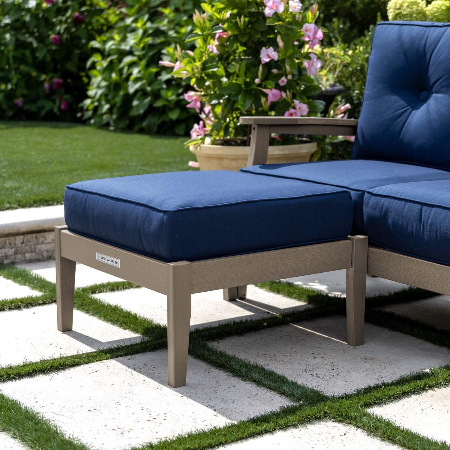 Blushing Bay Recycled Plastic Ottoman in Spectrum Indigo/Woodland Brown by Lakeview Outdoor Designs - Shown w/ Chair (Not Included) - Lifestyle thumbnail