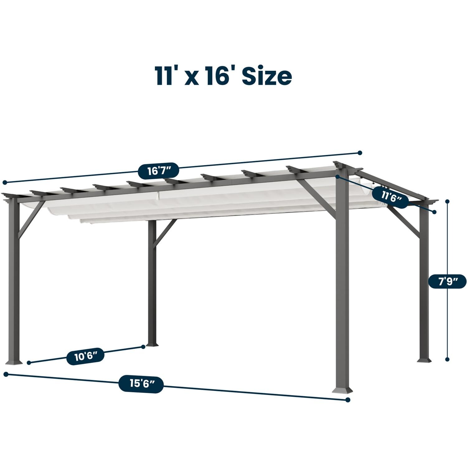 Paragon Outdoor PR16GRYW Florence 11' x 16' Gray Pergola w/ White Canopy - Dimensions - Dimensional thumbnail