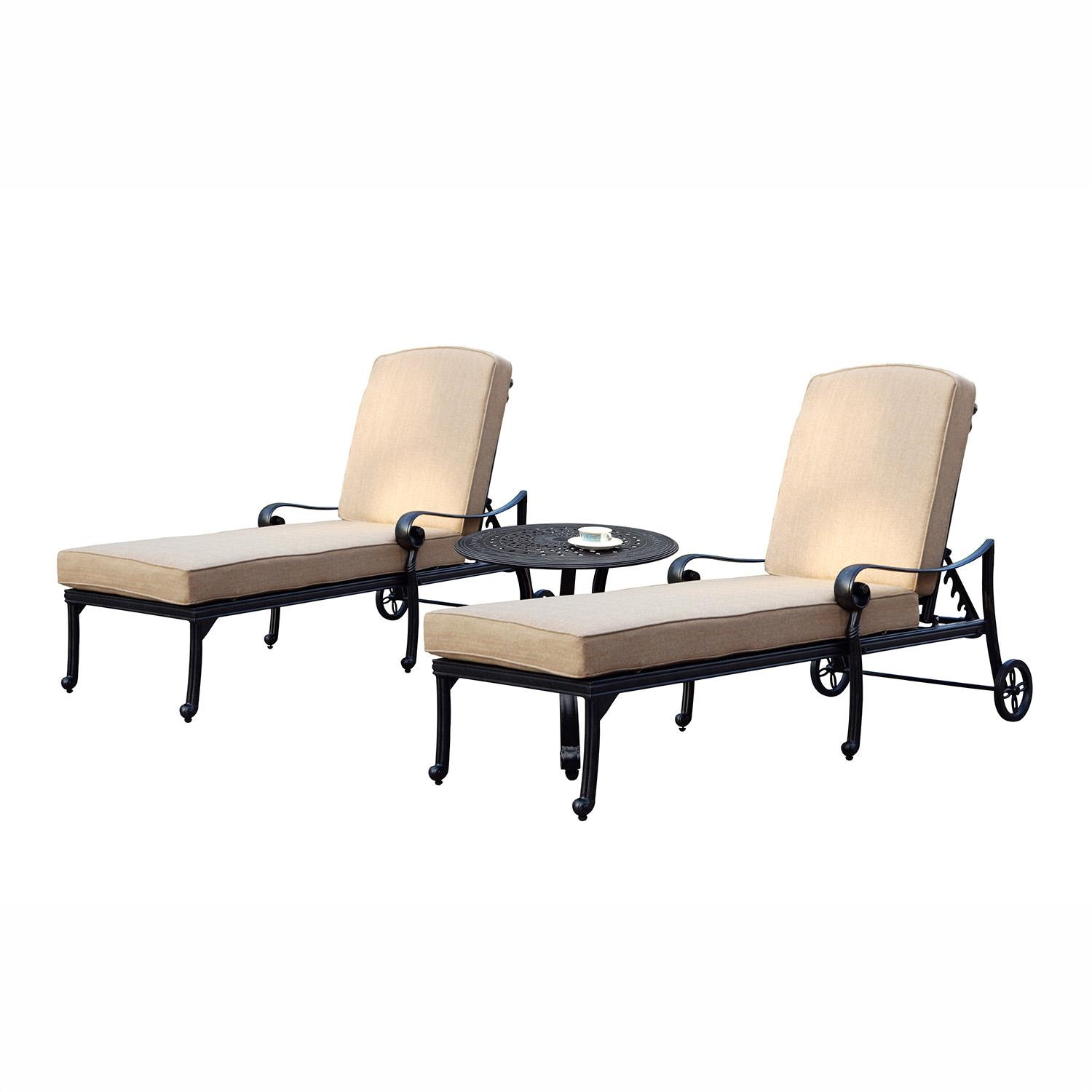 Darlee Santa Monica 3 Pc Cast Aluminum Chaise Lounge Set w/ 24 Inch Round End Table & Beige Canvas Cushions - Set - White Background thumbnail