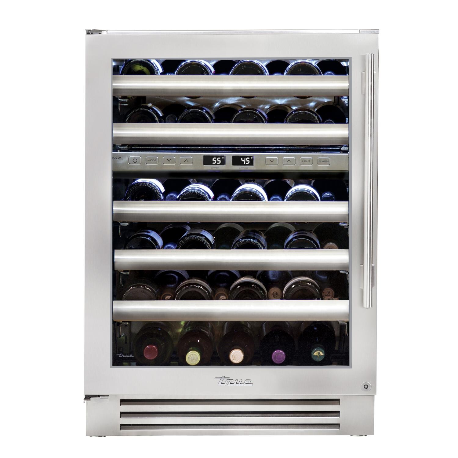 True TWC-24DZ-L-SG-C 24 Inch 45 Bottle Left Hinge Glass Door Outdoor Dual Zone Outdoor Wine Cabinet - Stainless Steel - White Background thumbnail