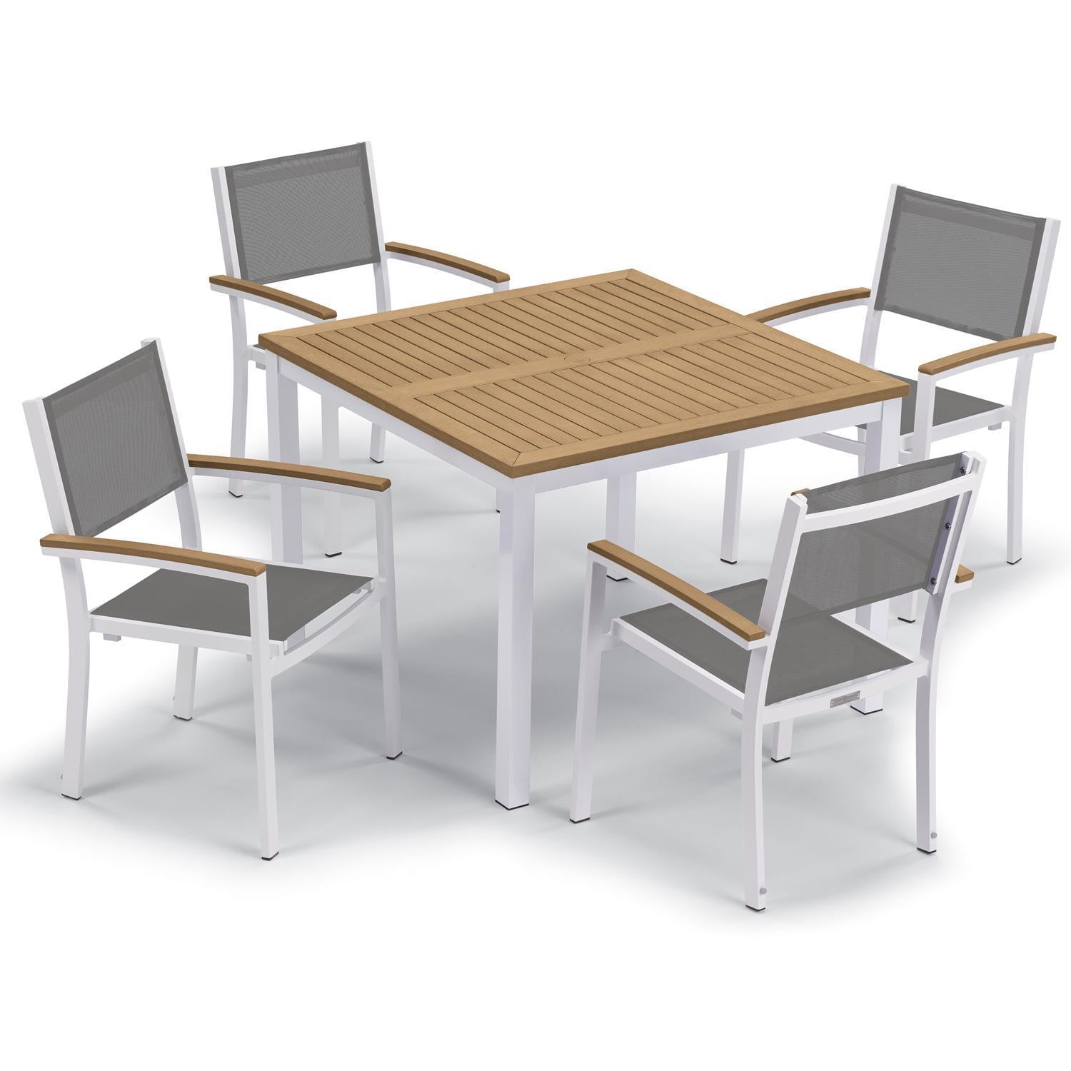 Oxford Garden Travira 5 Pc Composite Sling & Aluminum Dining Set W/ Natural Tekwood Arm Caps & Table Top in Chalk/Titanium - Top View thumbnail