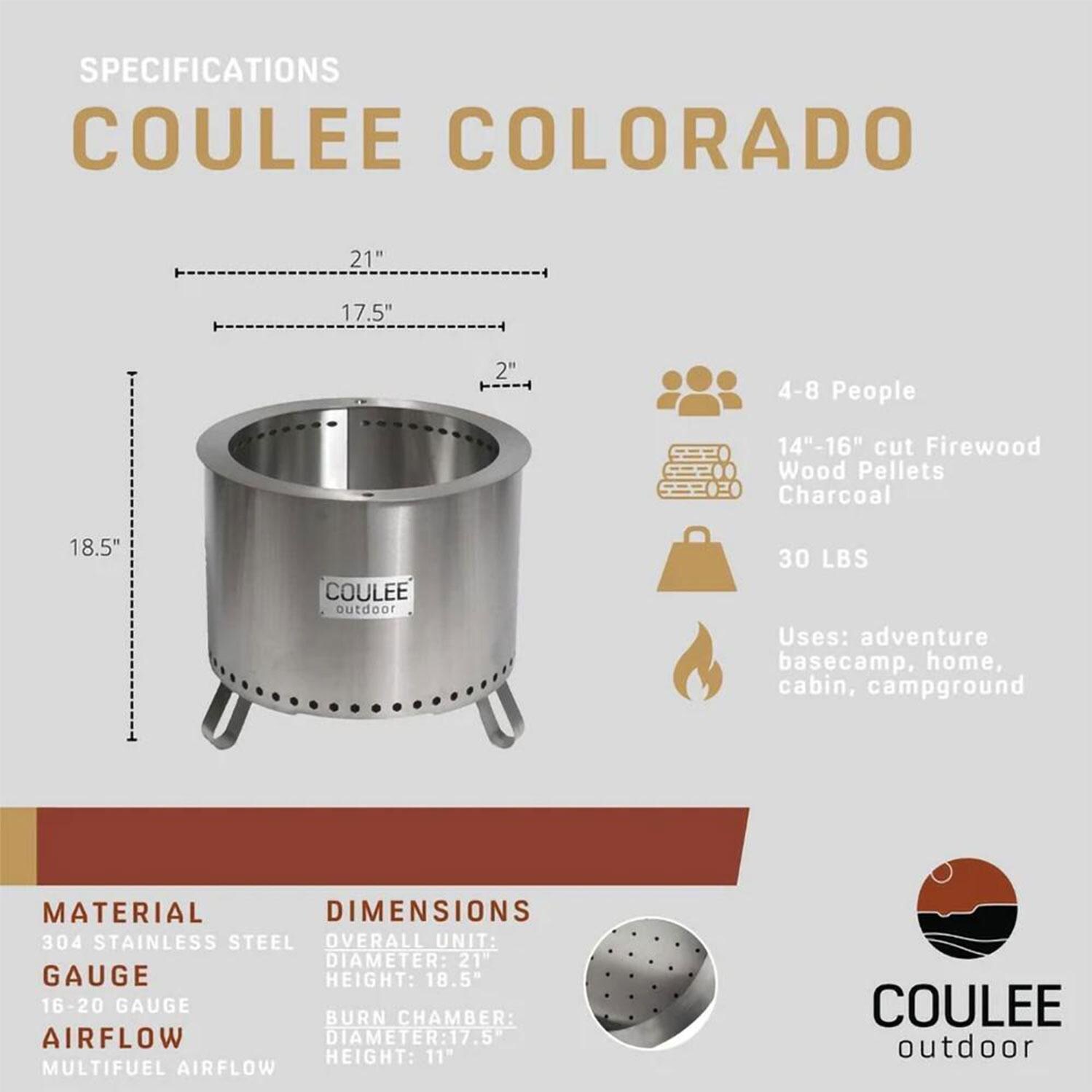 Coulee CCO-0018 Colorado Smokeless Portable Wood Burning Fire Pit - Specifications thumbnail