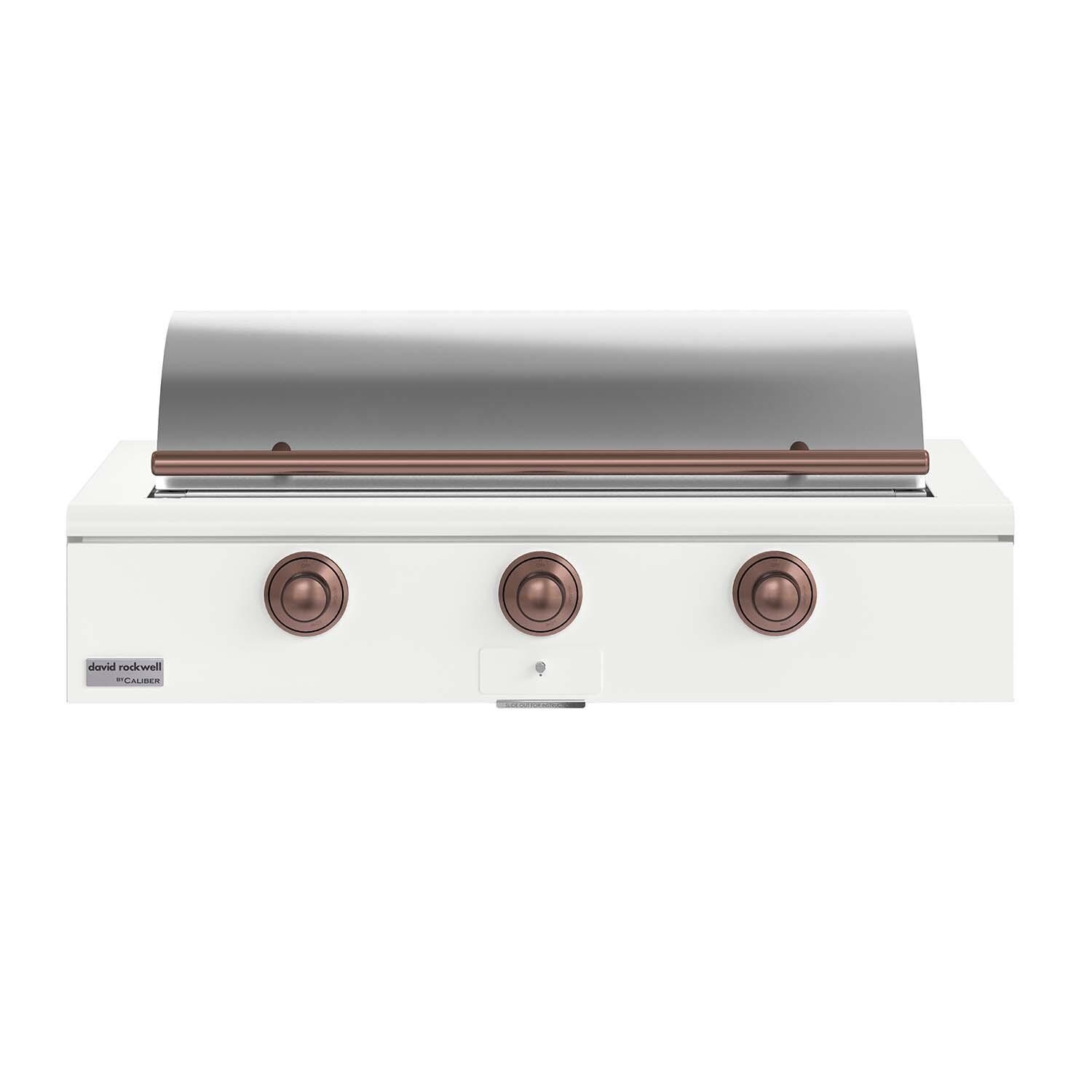 Caliber CRG-48BN00-A-030-H03 48-in Natural Gas Built-In Rockwell Grill - Matte White w/ Copper Hardware - Closed Lid - White Background thumbnail