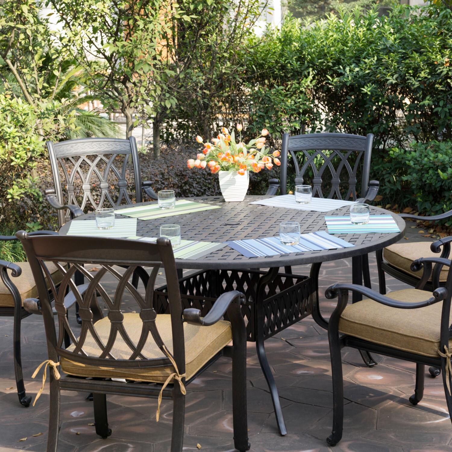 Darlee san marcos 7 piece cast aluminum patio dining set with round Darlee San Marcos 7 Piece Cast Aluminum Patio Dining Set With Round