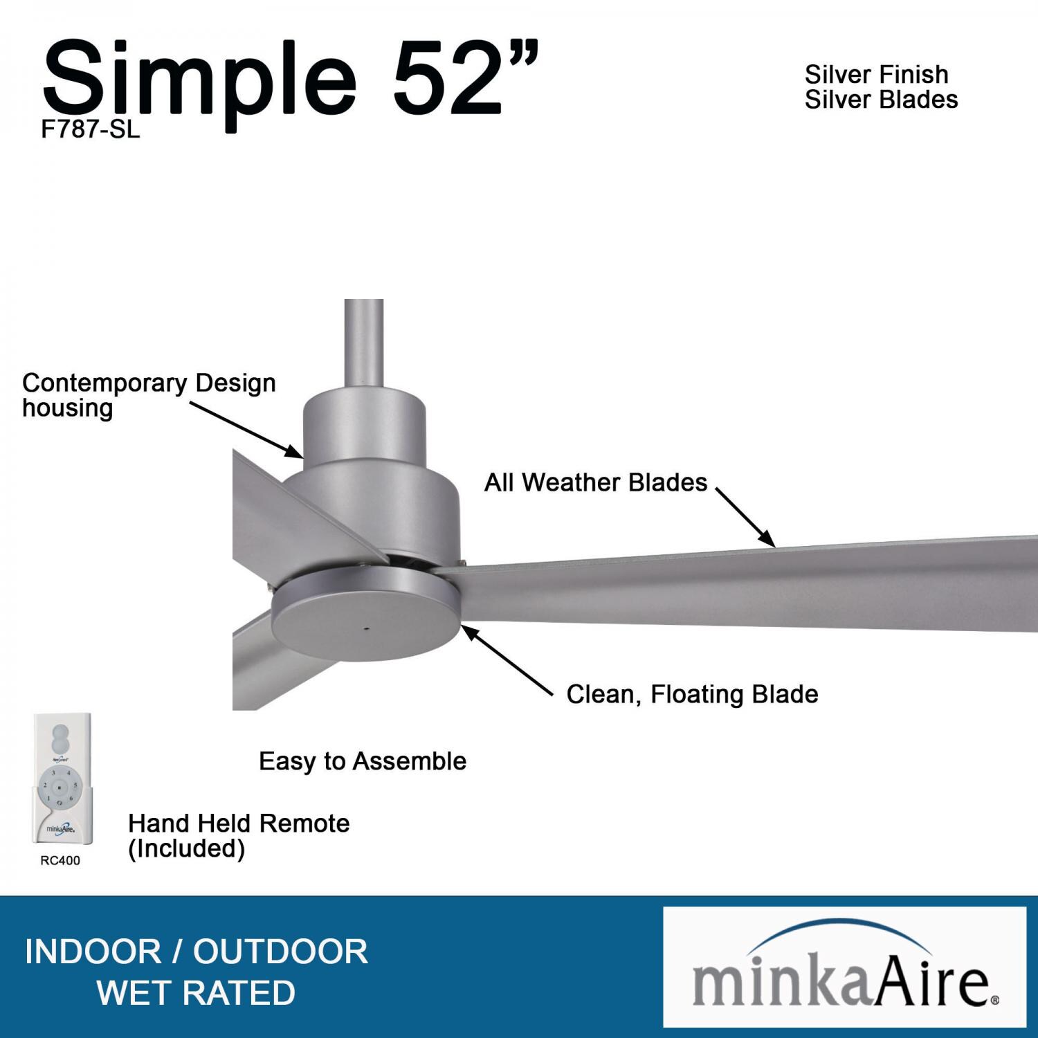 Minka-Aire F787-SL Simple 52-Inch 3-Blade Ceiling Fan in Silver Finish w/ Silver Blades - Details thumbnail