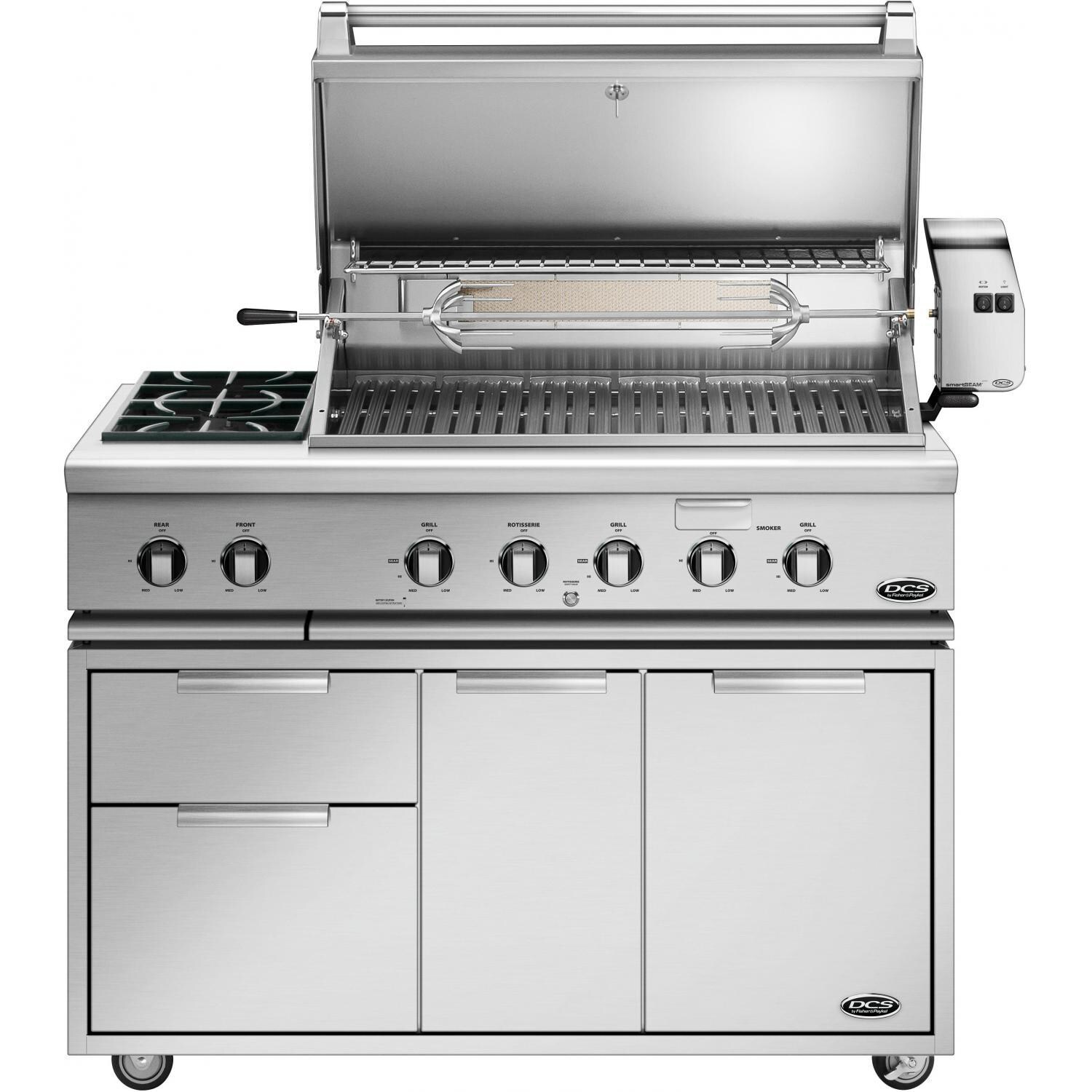 DCS BH1-48RS-N 48-Inch Built-In Gas Grill W/ Double Side Burner & Rotisserie on CAD Cart - Hood Open thumbnail