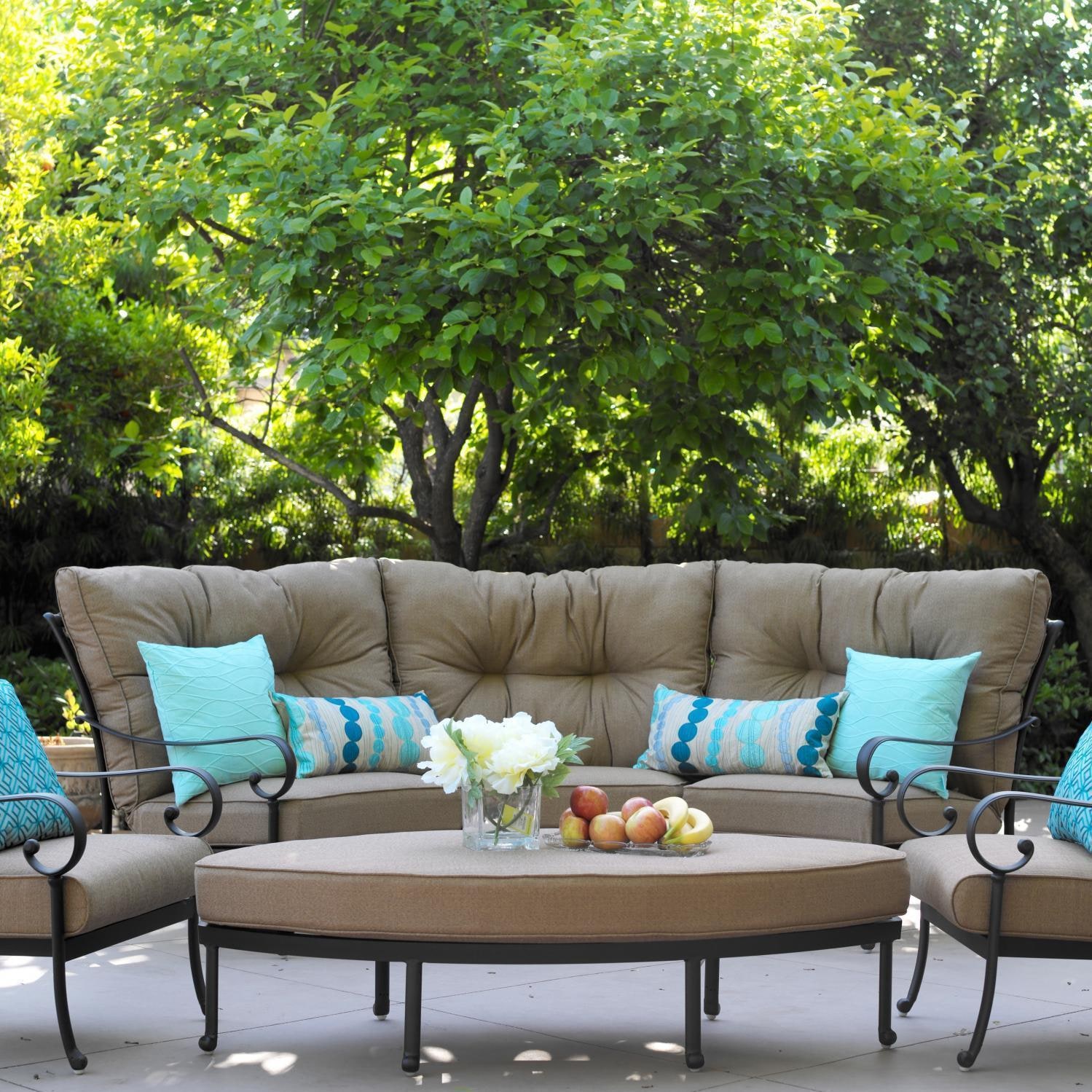 Santa Anita 6 Pc Cast Aluminum Sectional Seating Set w/ Leaf Shape Ottoman in Antique Bronze/Heather Beige Sunbrella by Darlee